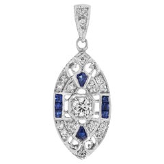 Art Deco Style Round Diamond with Sapphire Pendant in 18K White Gold