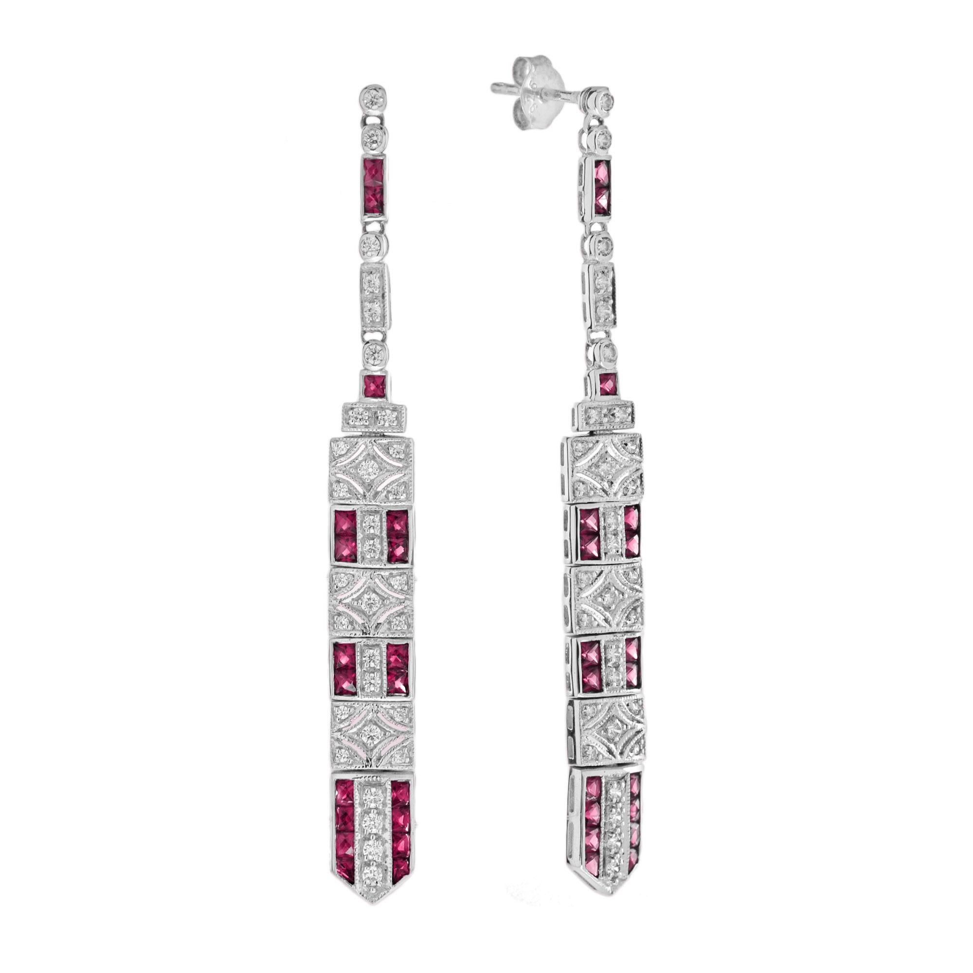 These art deco jewelry set of bar dangle earrings and bracelet are the epitome of vintage-inspired elegance featuring mesmerizing geometric patterns feature with ruby and diamonds.

Earrings Information
Metal: 14K White Gold
Width: 6 mm.
Length: 62