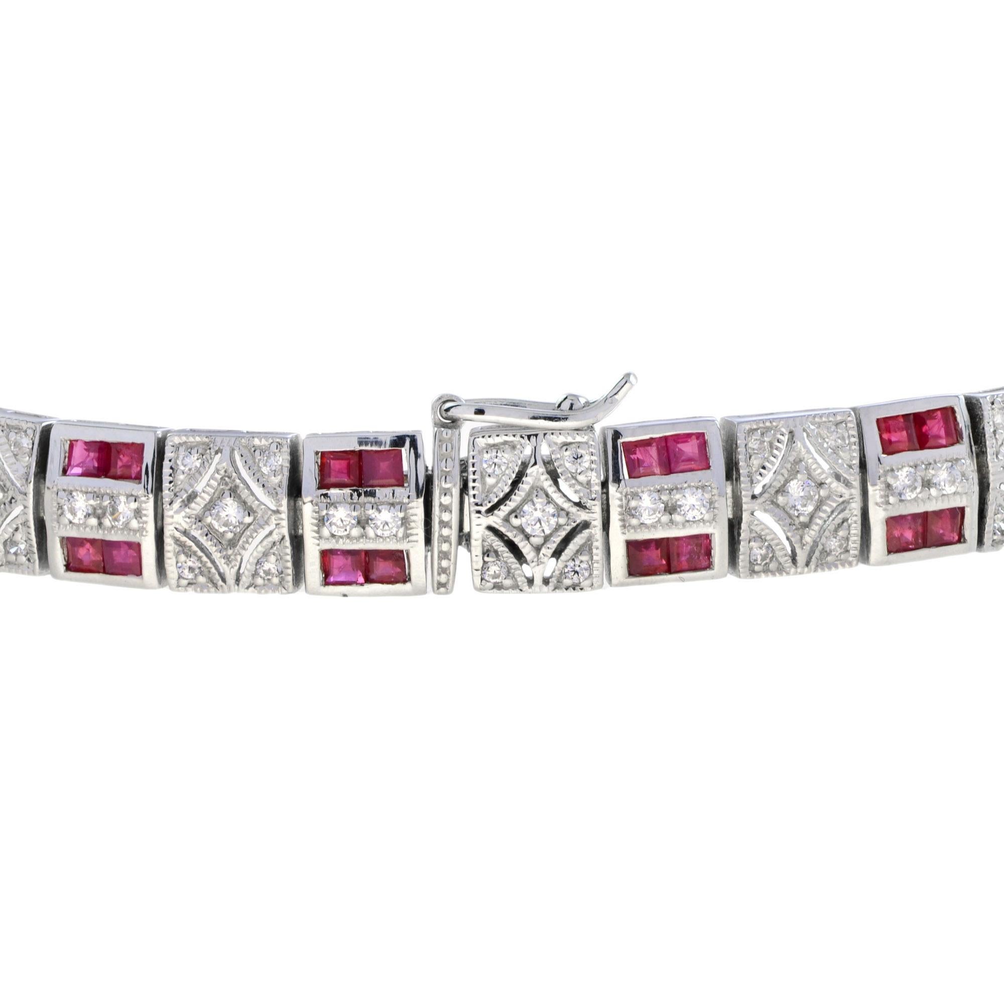 Art Deco Style Ruby Diamond Earrings and Bracelet in White Gold For Sale 3