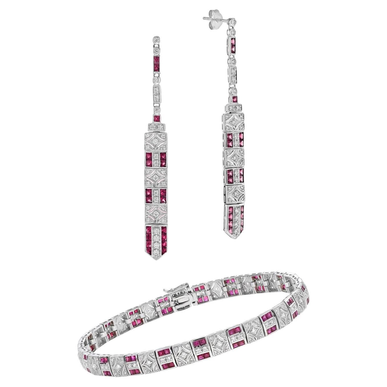 Art Deco Style Ruby Diamond Earrings and Bracelet in White Gold For Sale