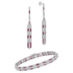 Art Deco Style Ruby Diamond Earrings and Bracelet in White Gold