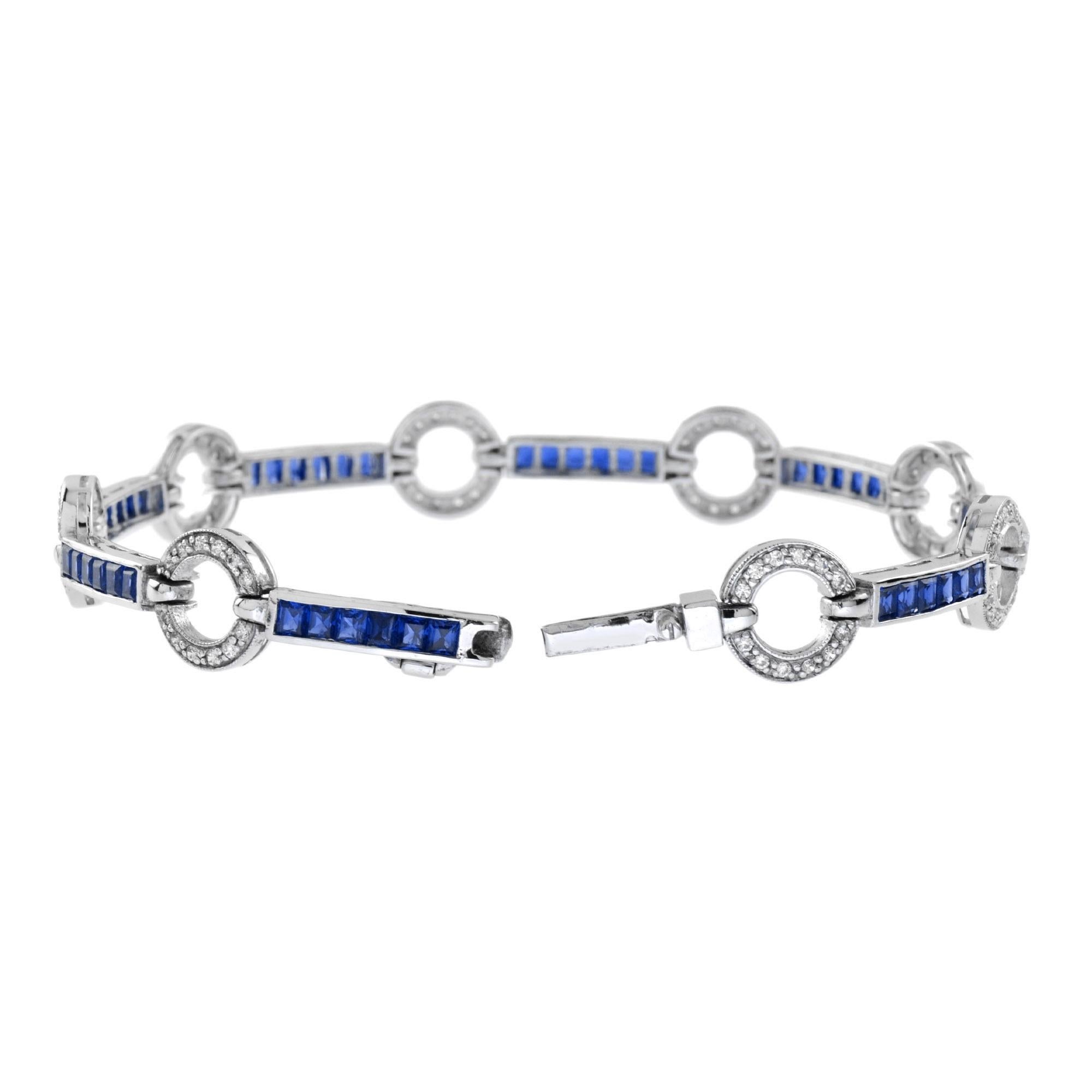 Art Deco Art Deo Style Diamond with Sapphire Link Bracelet in 18K White Gold
