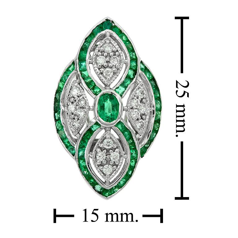 Women's Emerald and Diamond Antique Style Omega Back Earring in White Gold 18K For Sale