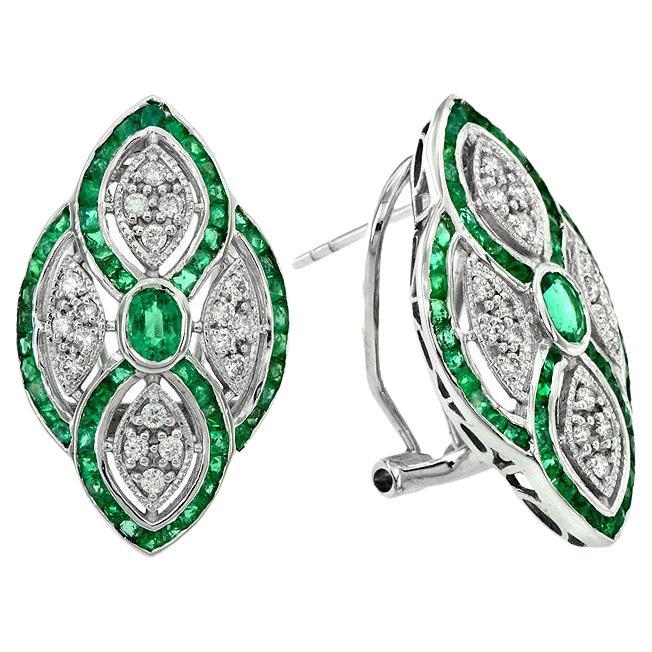 Emerald and Diamond Antique Style Omega Back Earring in White Gold 18K