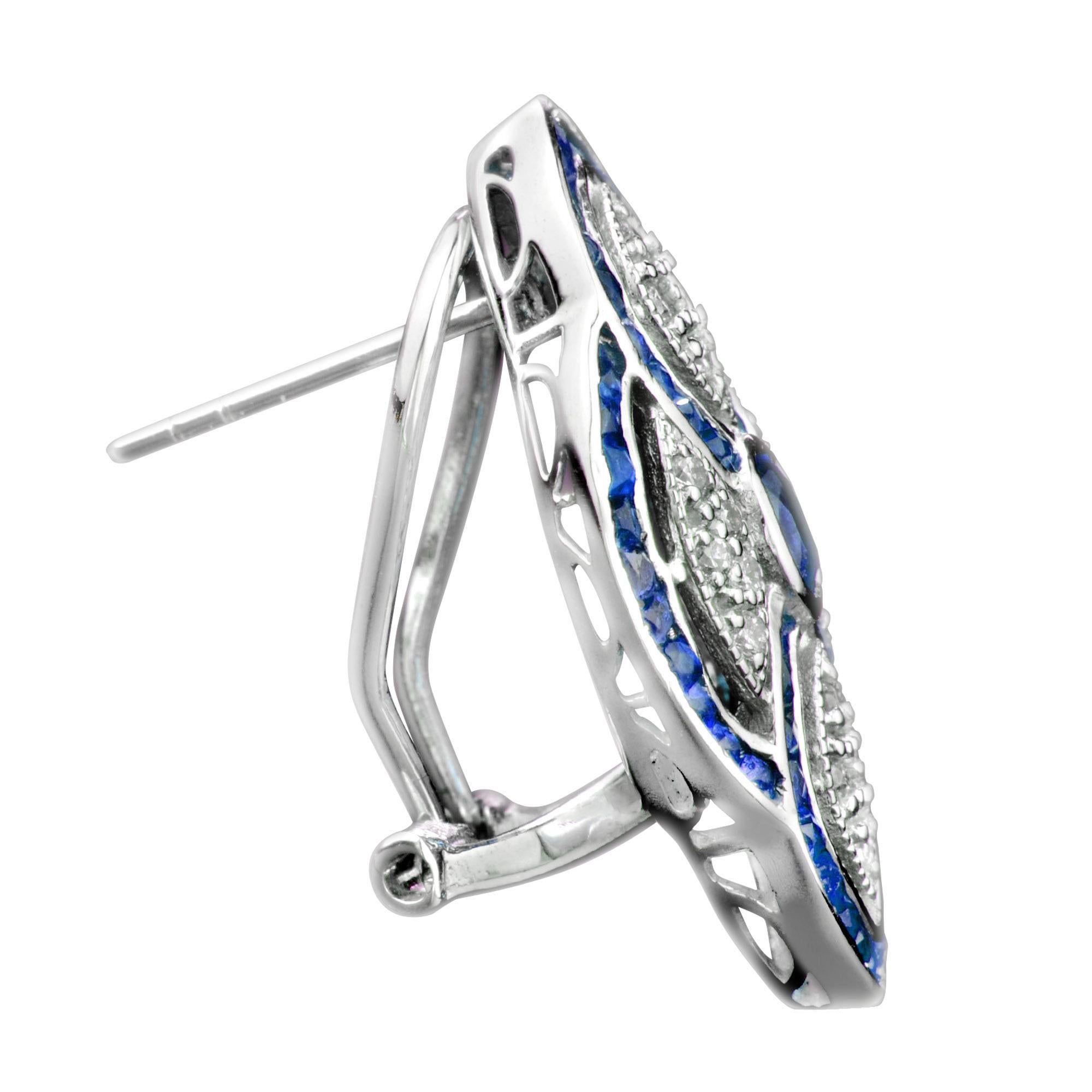 Art Deco Blue Sapphire and Diamond Antique Style Omega Back Earring in White Gold 18K For Sale