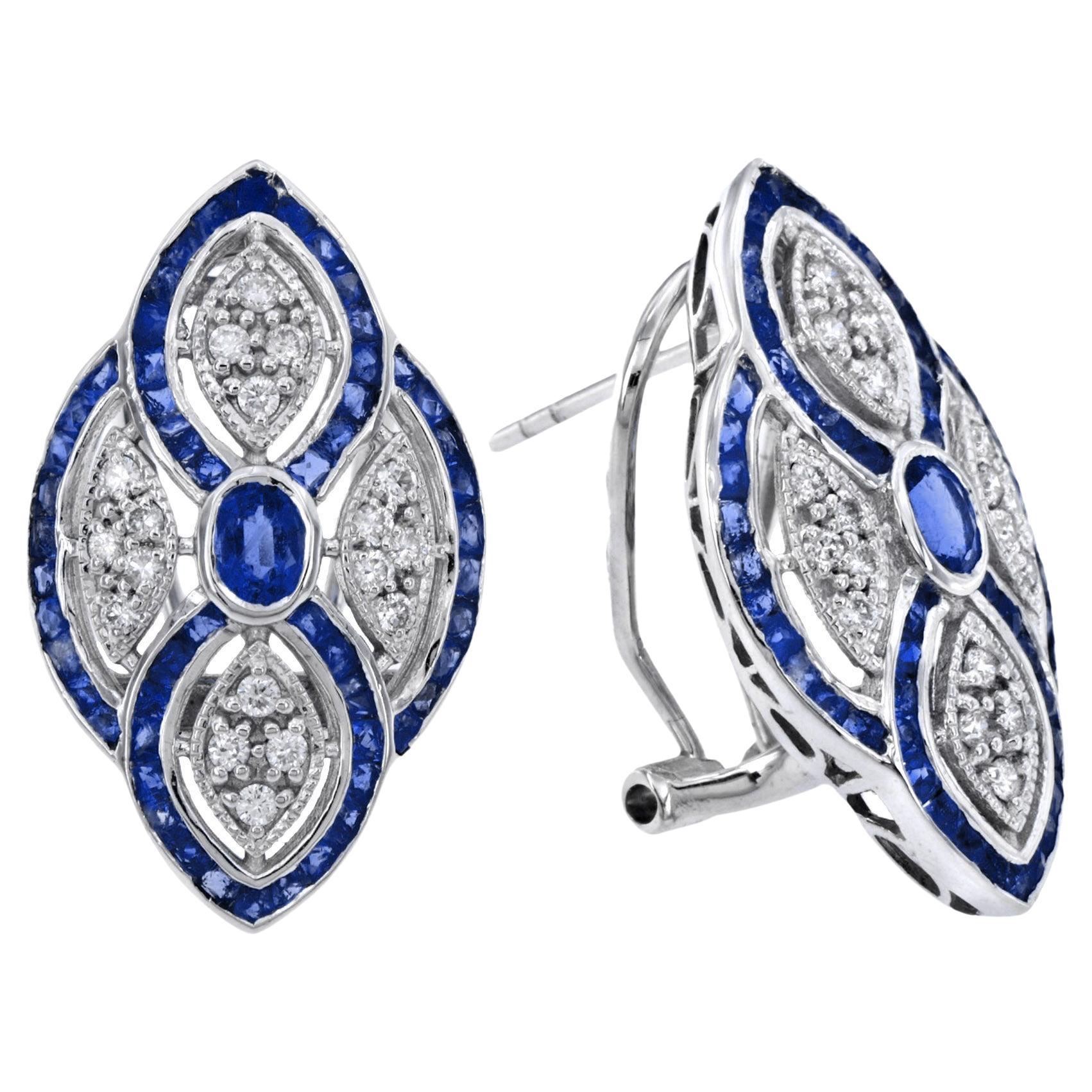Blue Sapphire and Diamond Antique Style Omega Back Earring in White Gold 18K