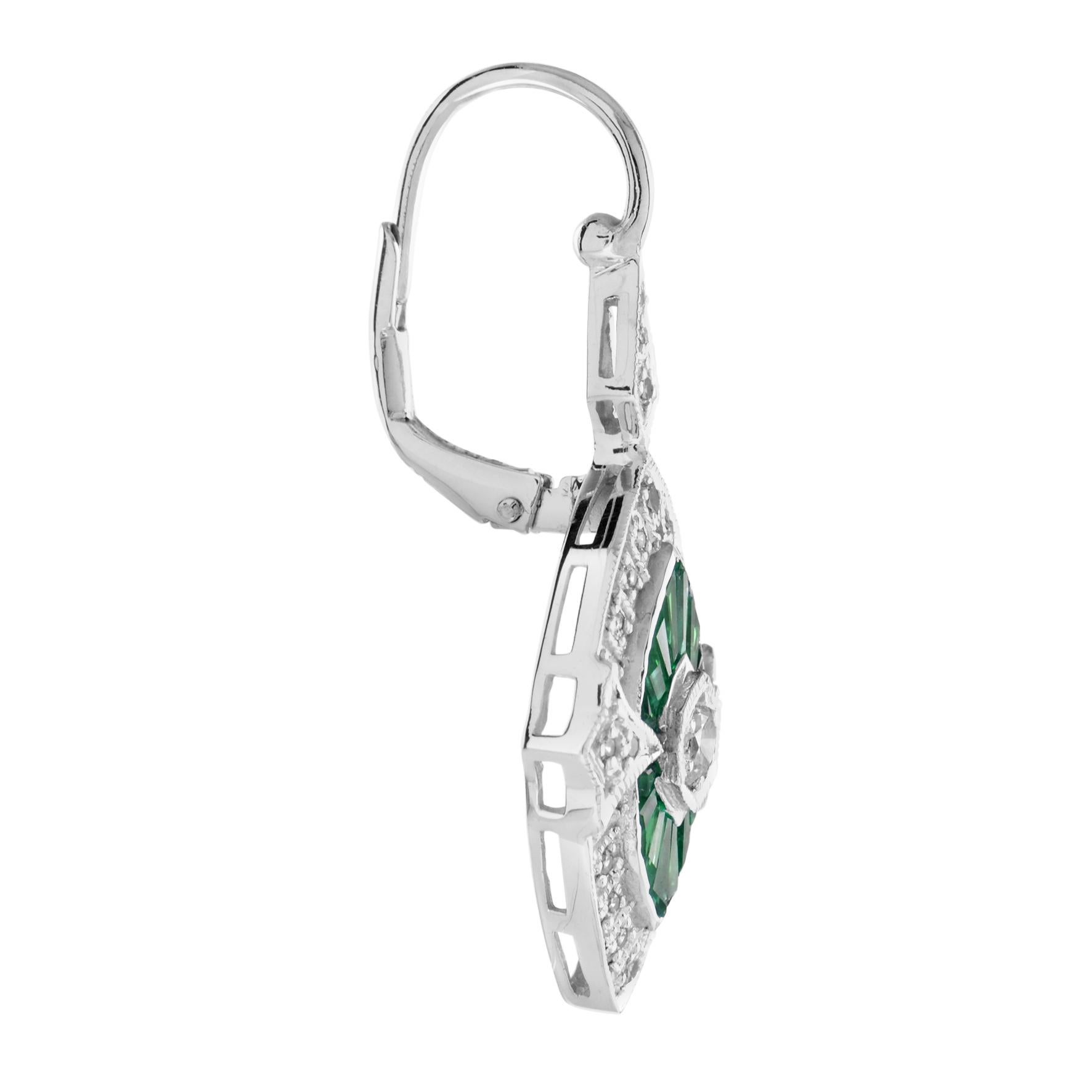 Art Deco Diamond and Emerald Marquise Shape Drop Earrings in 18K White Gold For Sale