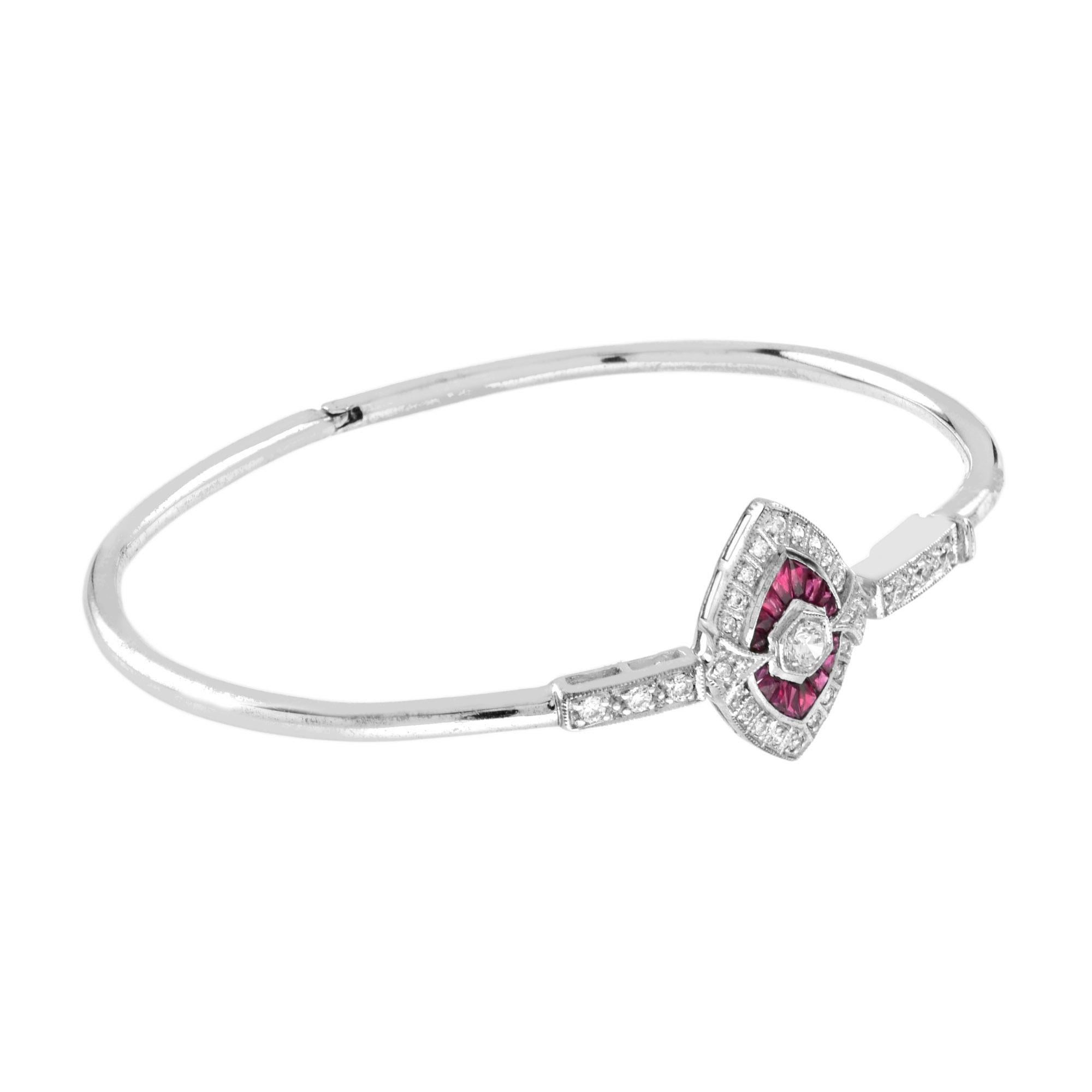 Round Cut Diamond and Ruby Art Deco Bangle Bracelet in 18K White Gold For Sale