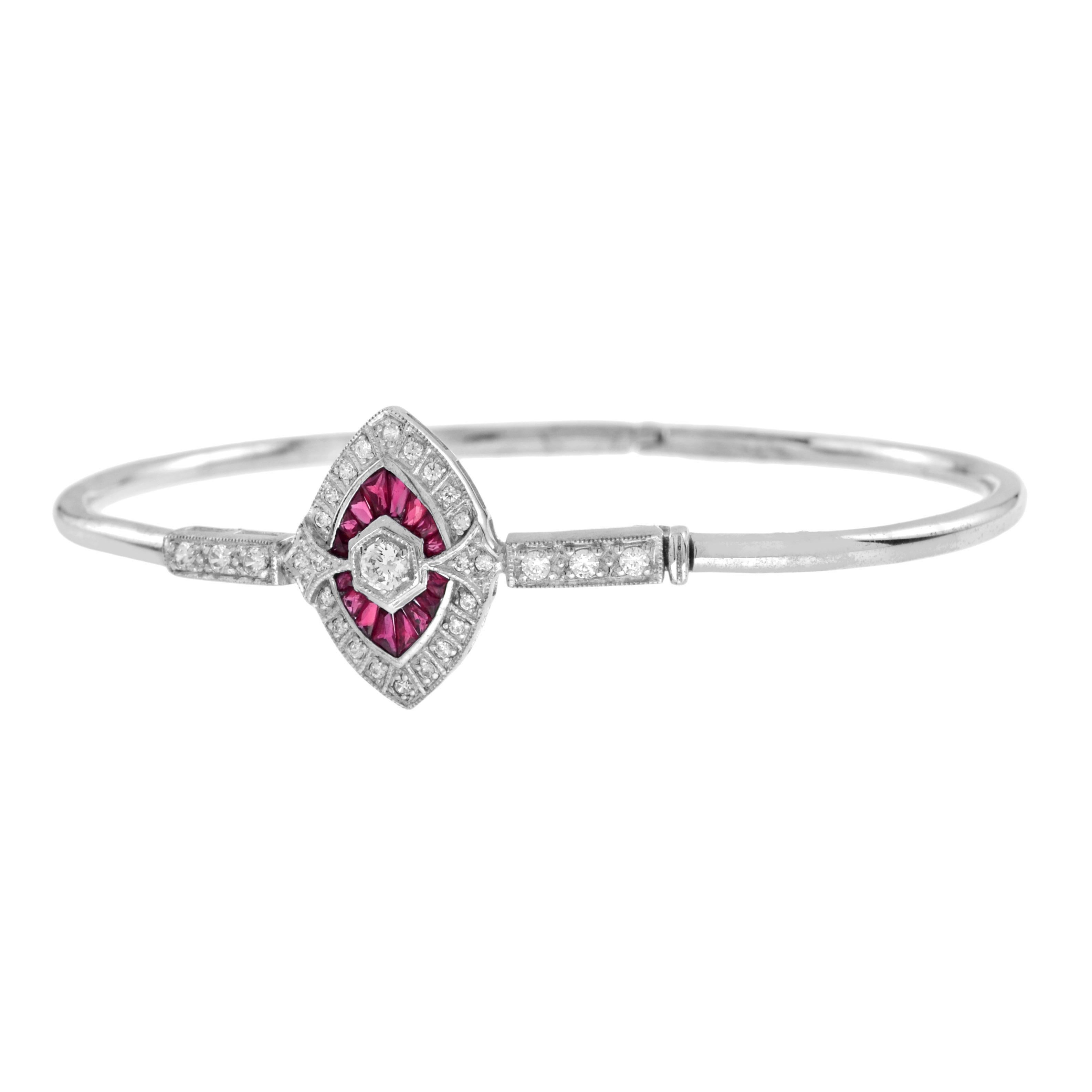 Diamond and Ruby Art Deco Bangle Bracelet in 18K White Gold In New Condition For Sale In Bangkok, TH