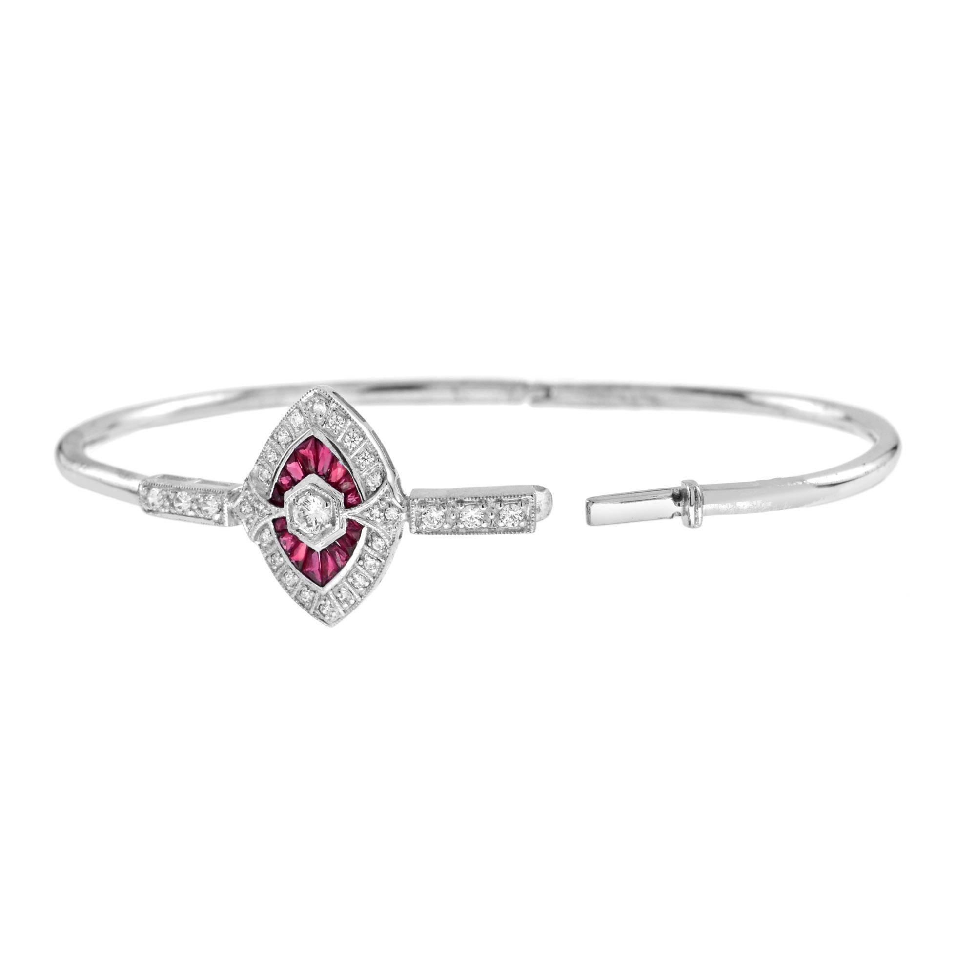 Women's Diamond and Ruby Art Deco Bangle Bracelet in 18K White Gold For Sale