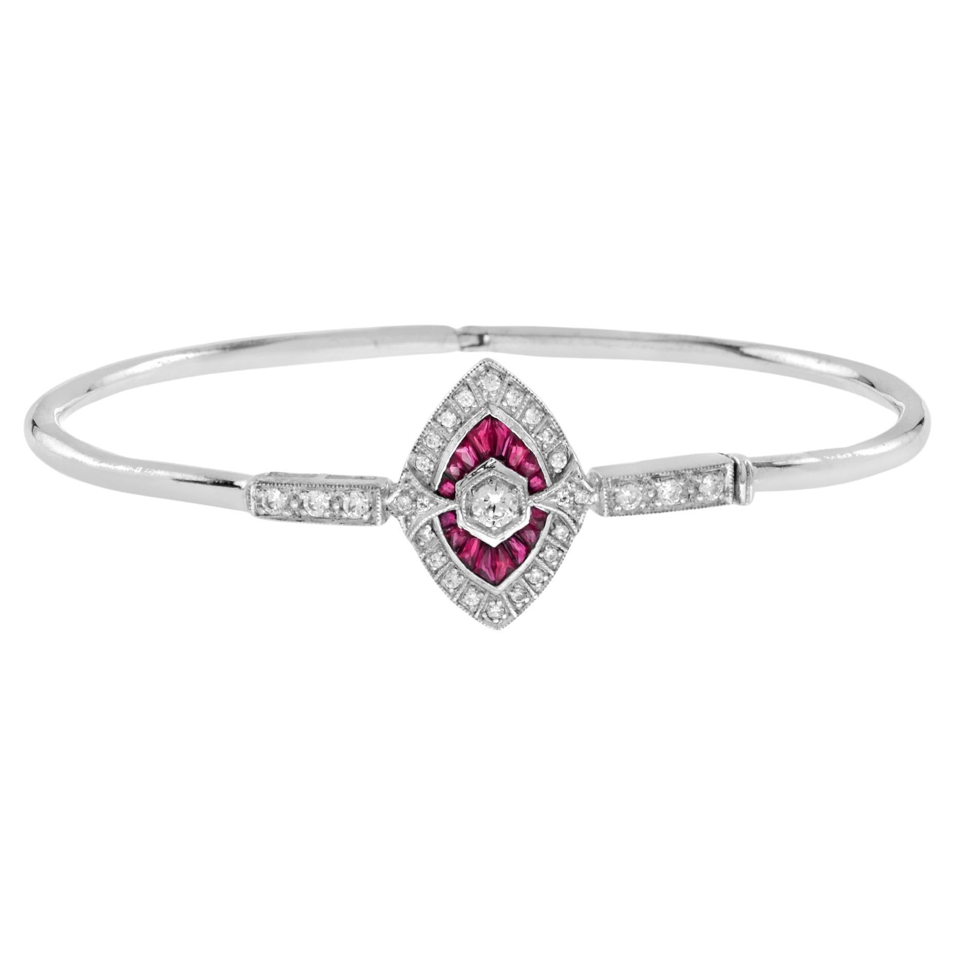 Diamond and Ruby Art Deco Bangle Bracelet in 18K White Gold