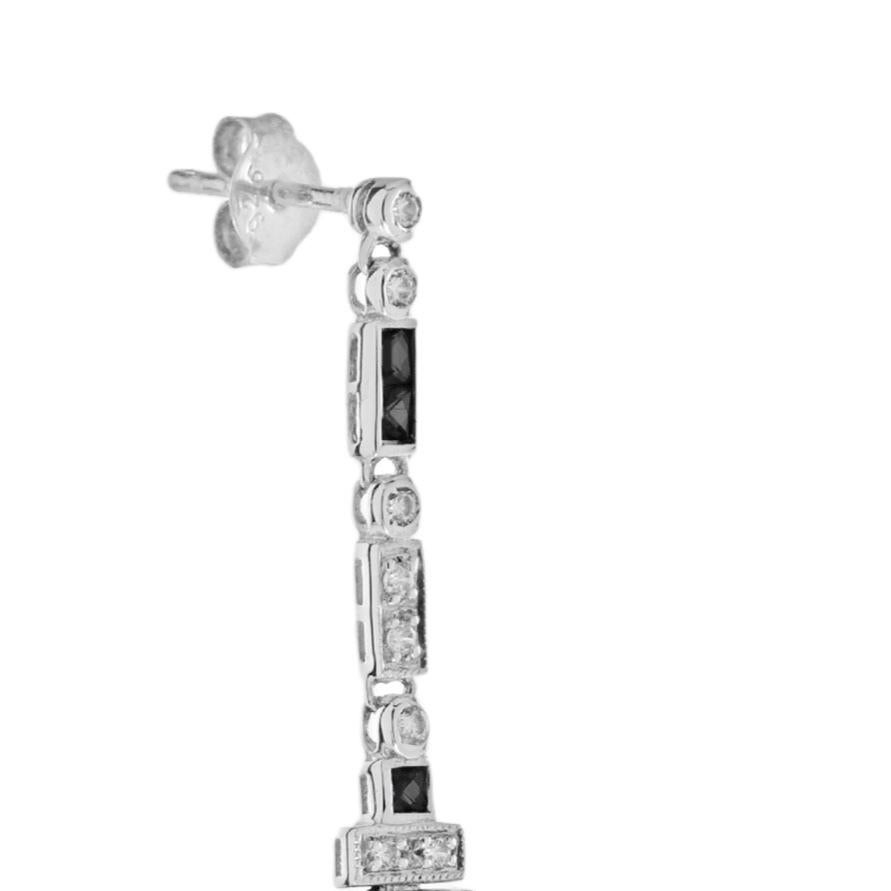 French Cut Onyx and Diamond Bar Dangle Earrings in 14K White Gold For Sale