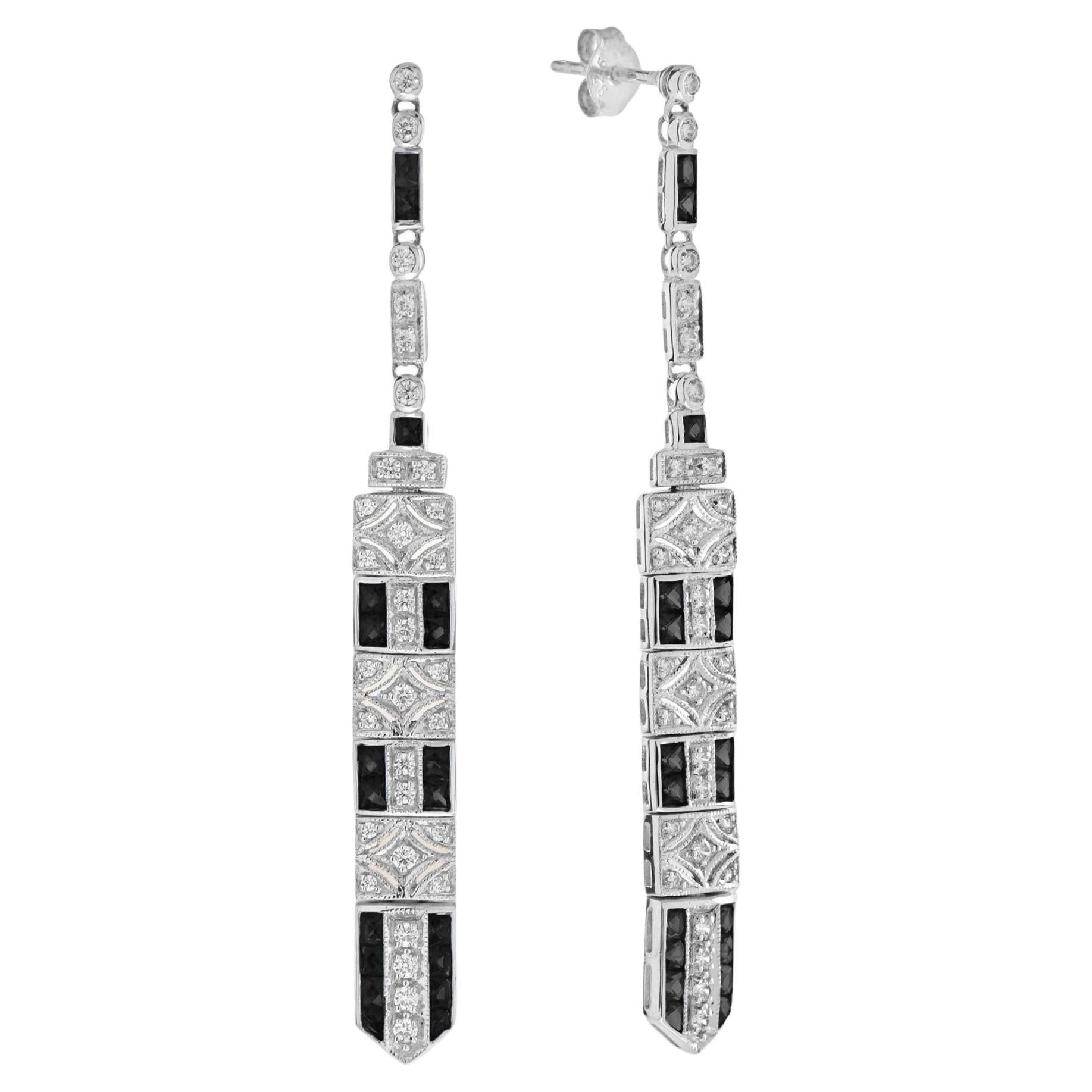Onyx and Diamond Bar Dangle Earrings in 14K White Gold For Sale