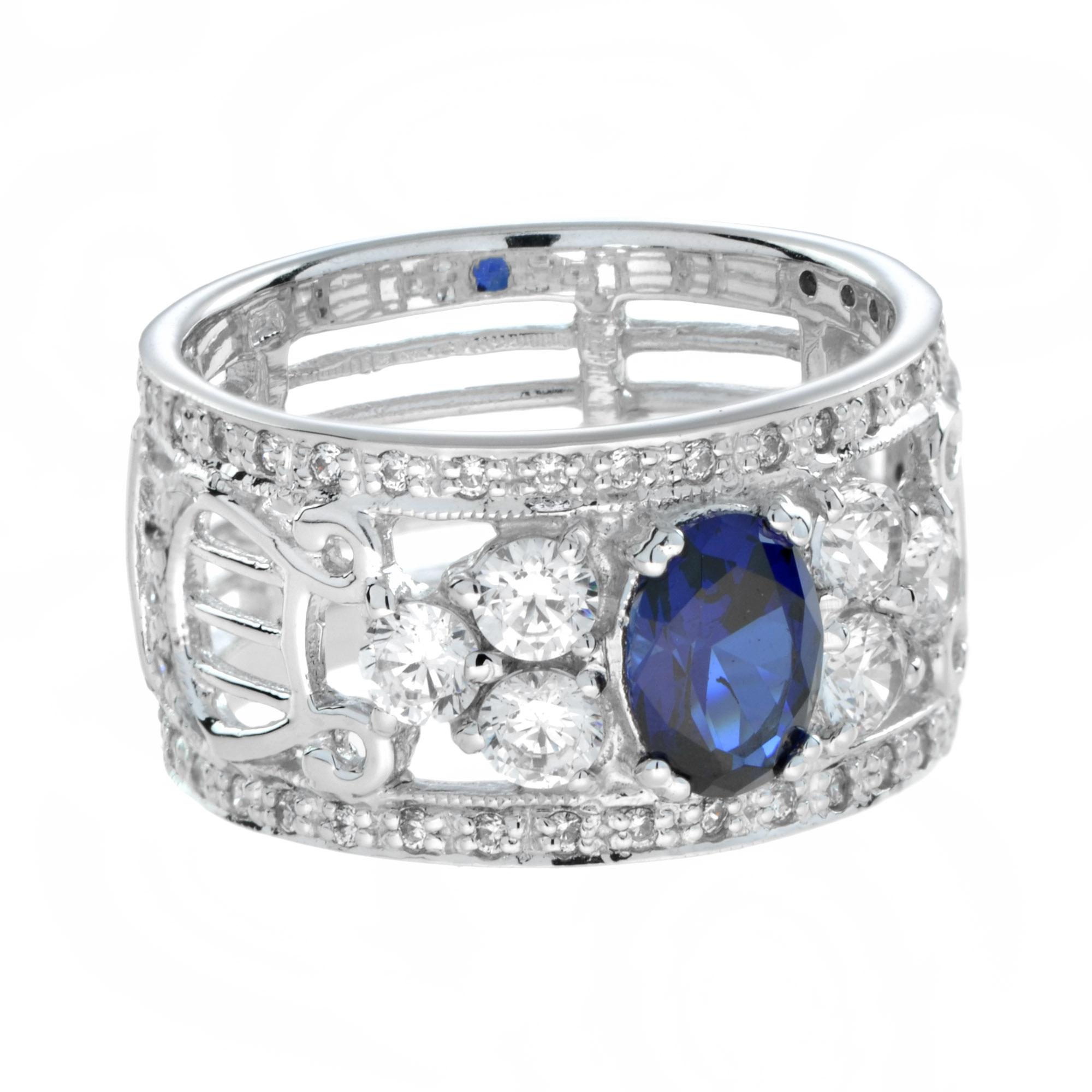 Blue Sapphire and Diamond Wide Band Ring in 18K White Gold 3