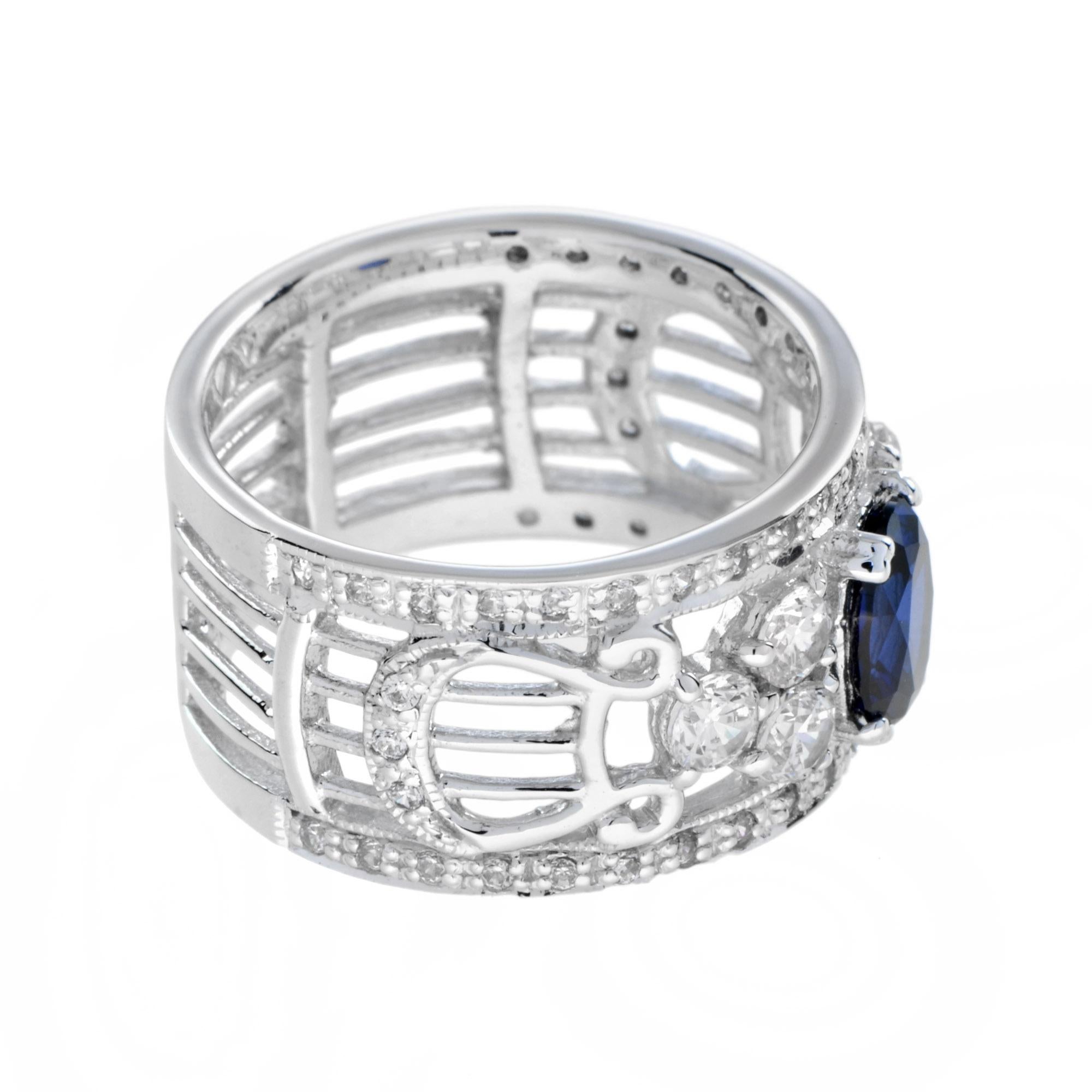 For Sale:  Oval Ceylon Sapphire and Diamond Wide Band in 18K White Gold 3