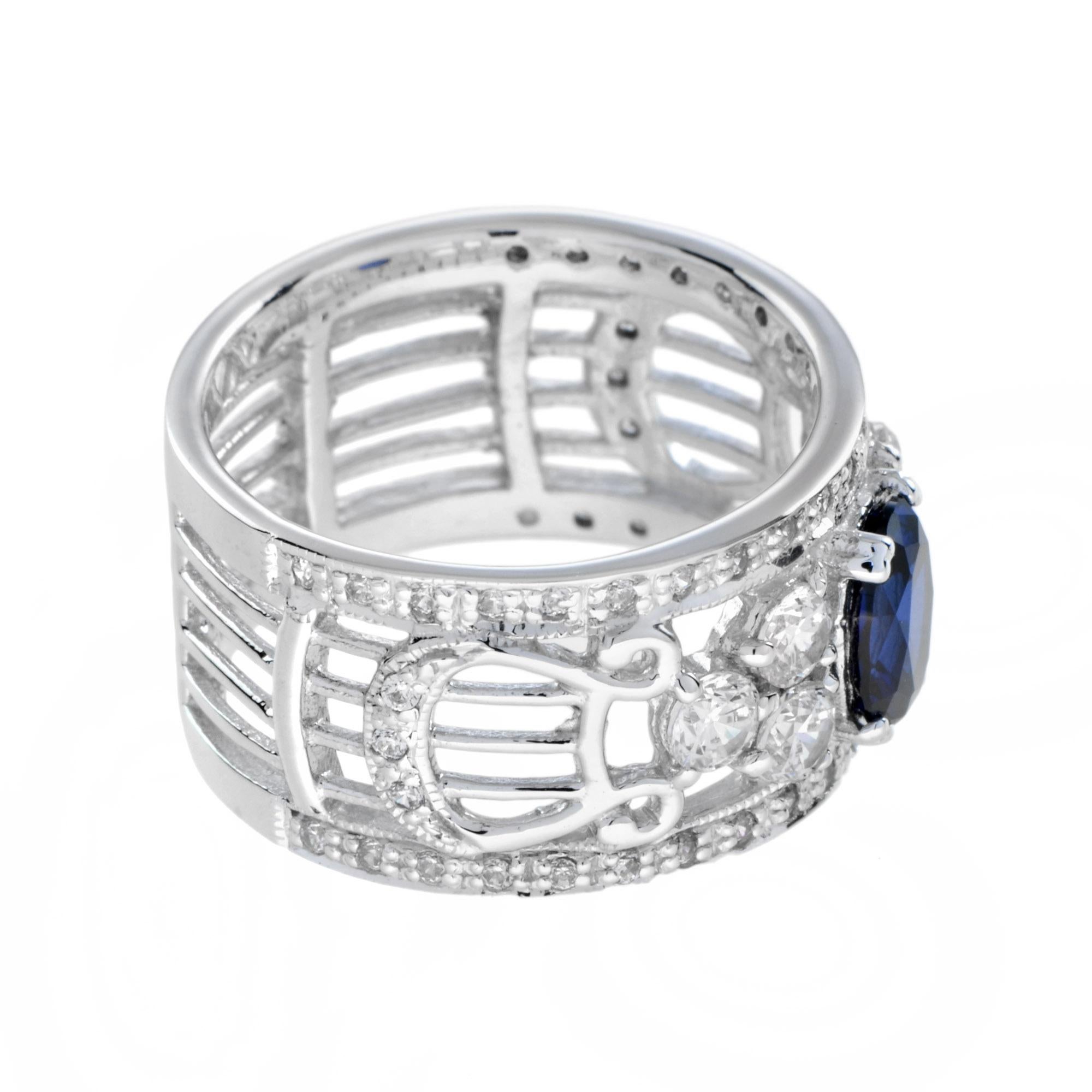 Blue Sapphire and Diamond Wide Band Ring in 18K White Gold 4