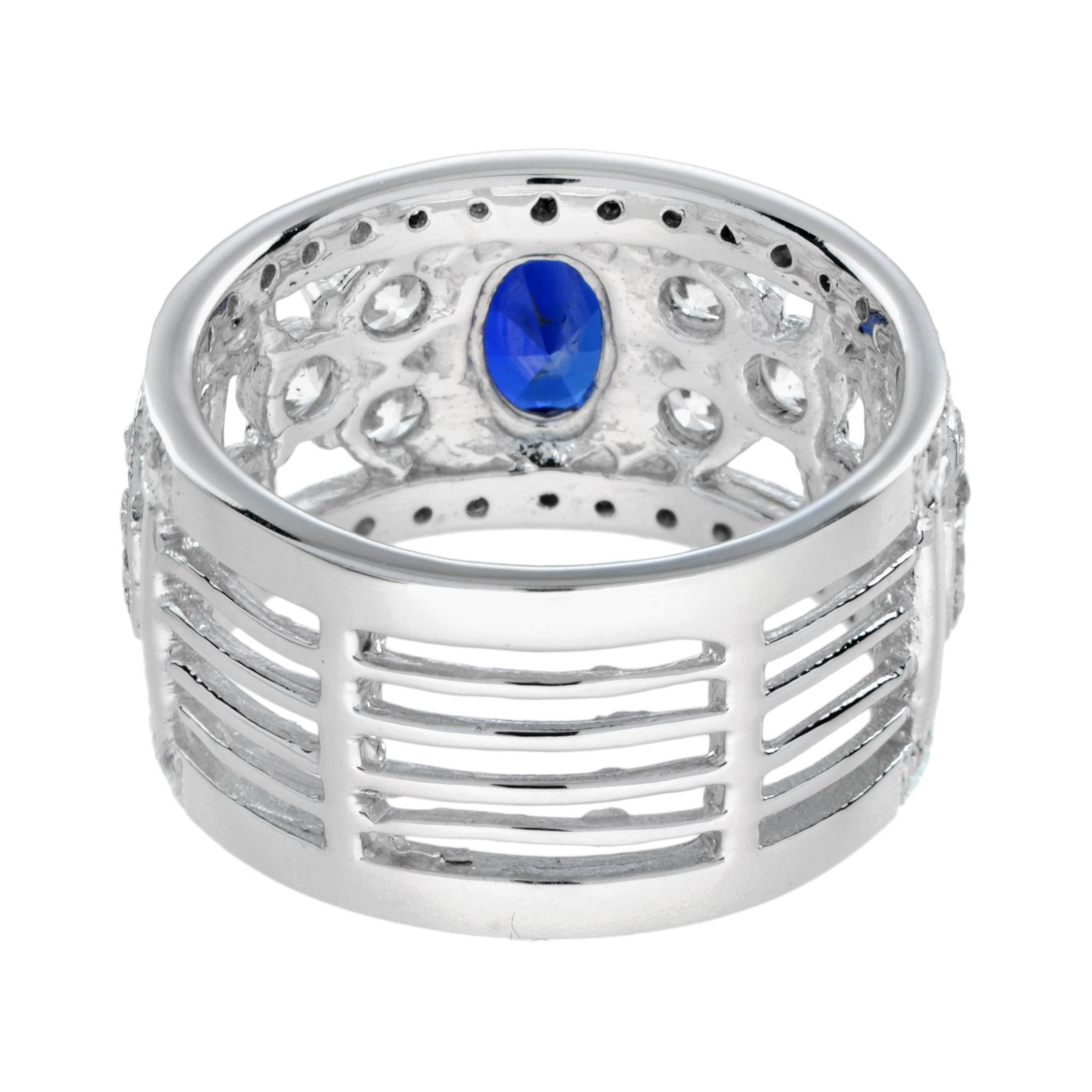 For Sale:  Oval Ceylon Sapphire and Diamond Wide Band in 18K White Gold 4