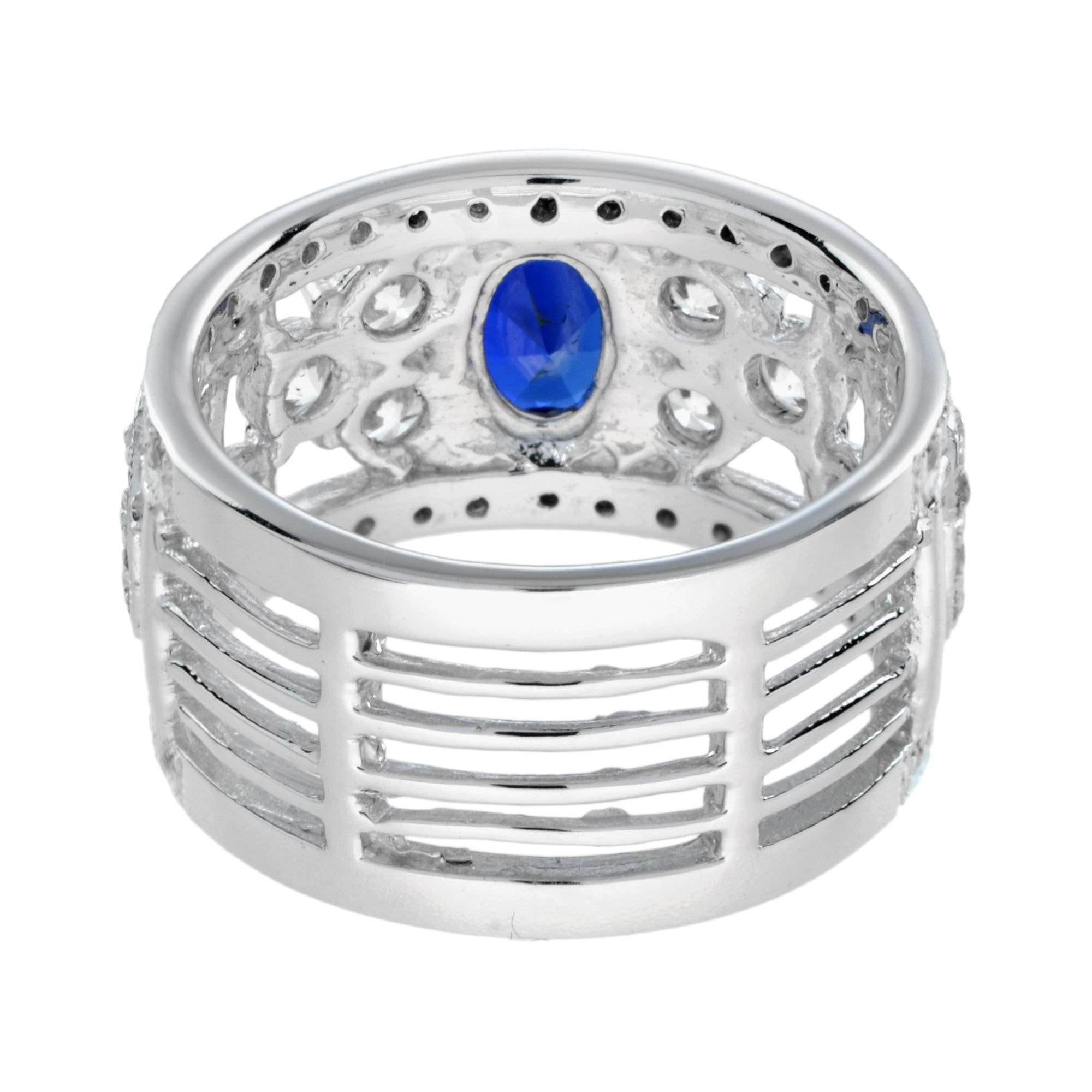 Blue Sapphire and Diamond Wide Band Ring in 18K White Gold 5