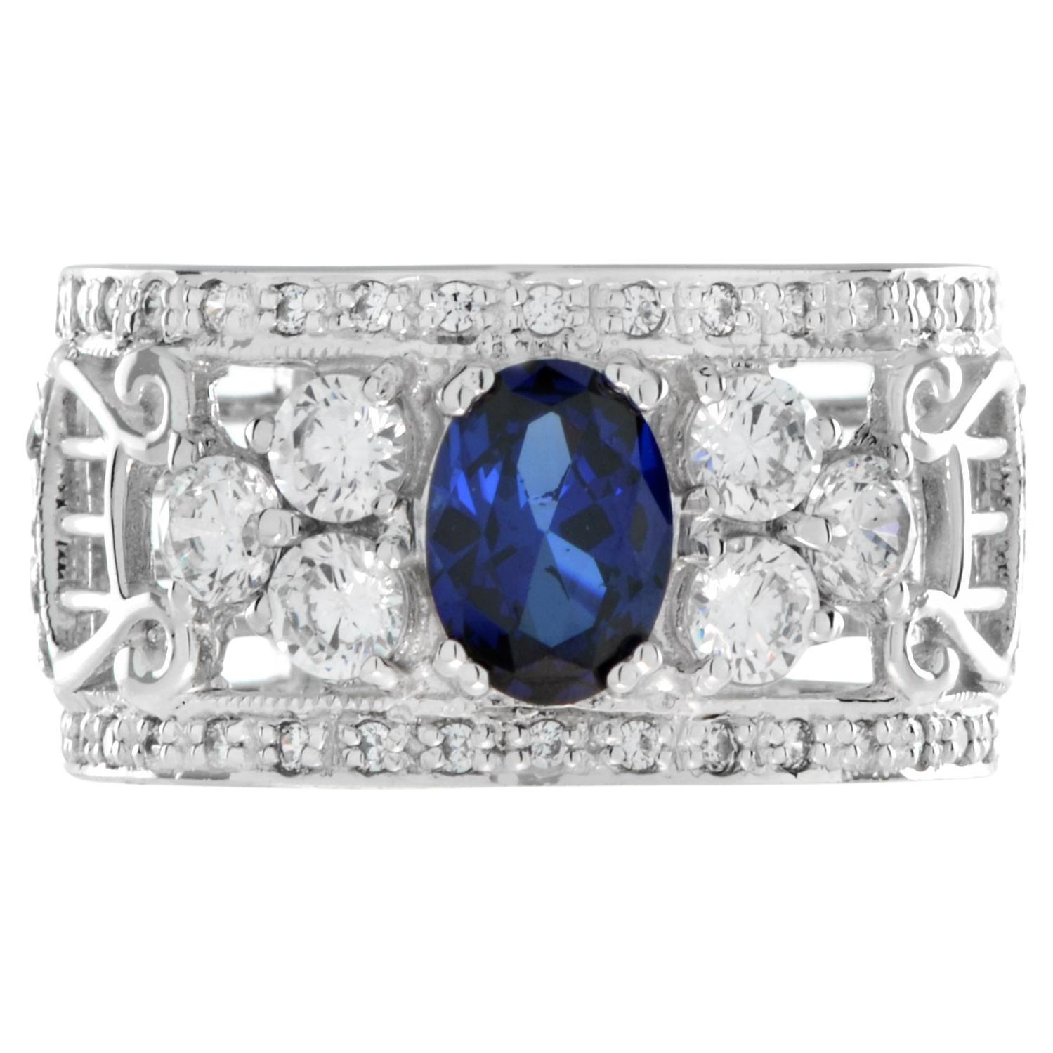 Blue Sapphire and Diamond Wide Band Ring in 18K White Gold