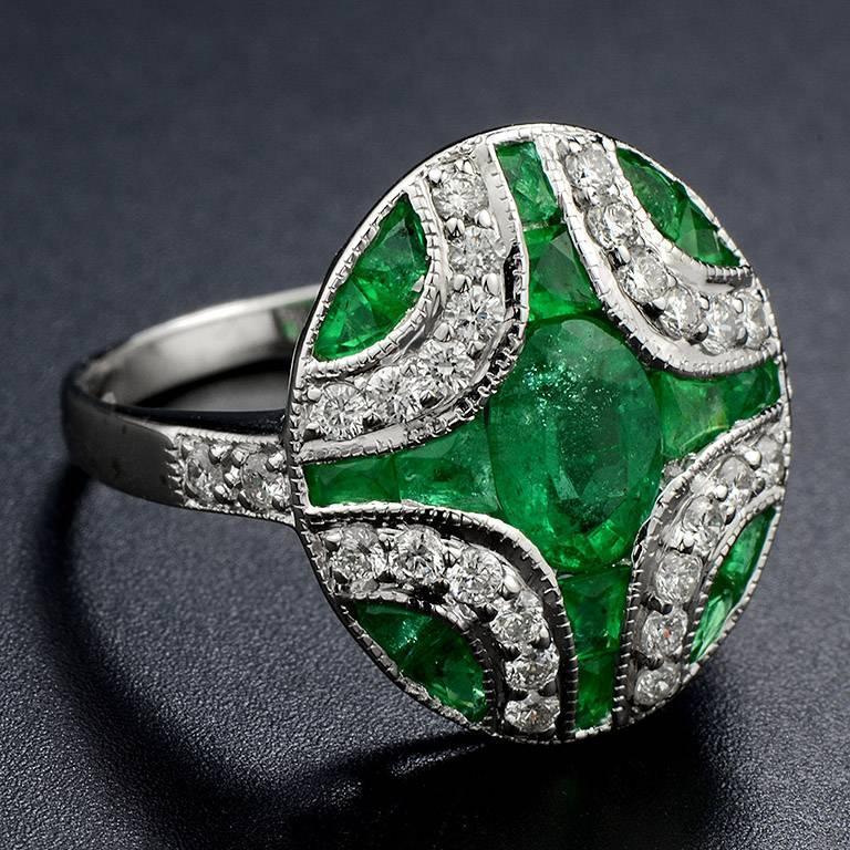 For Sale:  Art Deco Style Oval Emerald with Diamond Cocktail Ring in 18K White Gold 4