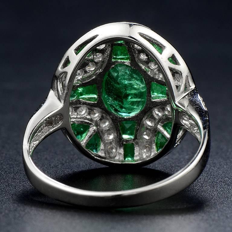 For Sale:  Art Deco Style Oval Emerald with Diamond Cocktail Ring in 18K White Gold 6