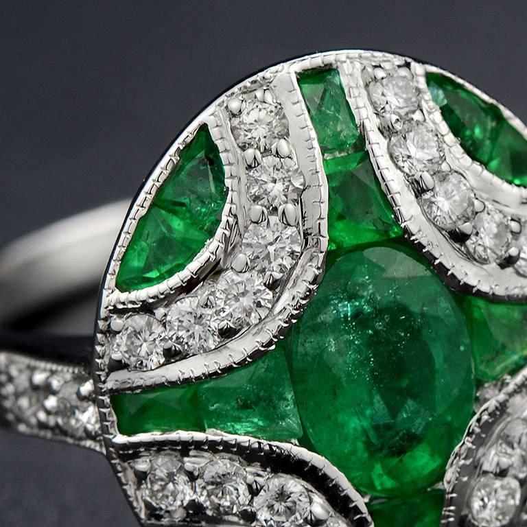 For Sale:  Art Deco Style Oval Emerald with Diamond Cocktail Ring in 18K White Gold 7