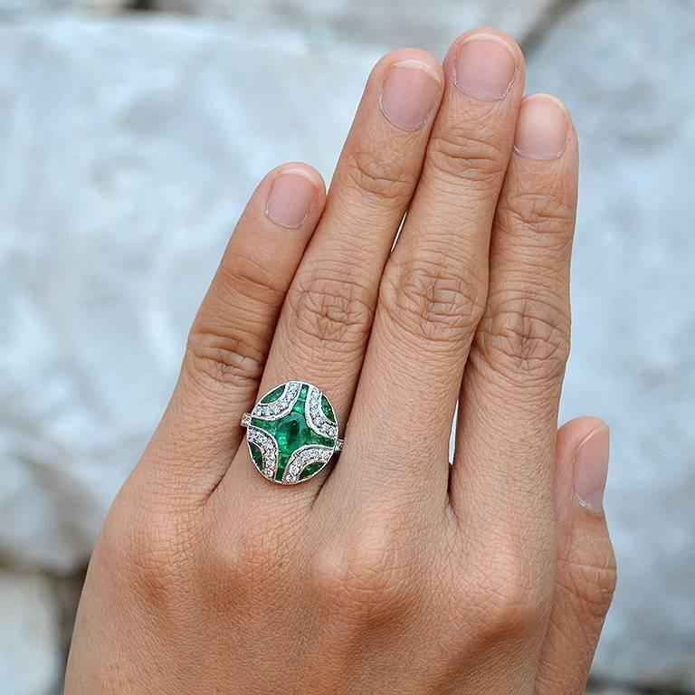 For Sale:  Art Deco Style Oval Emerald with Diamond Cocktail Ring in 18K White Gold 2