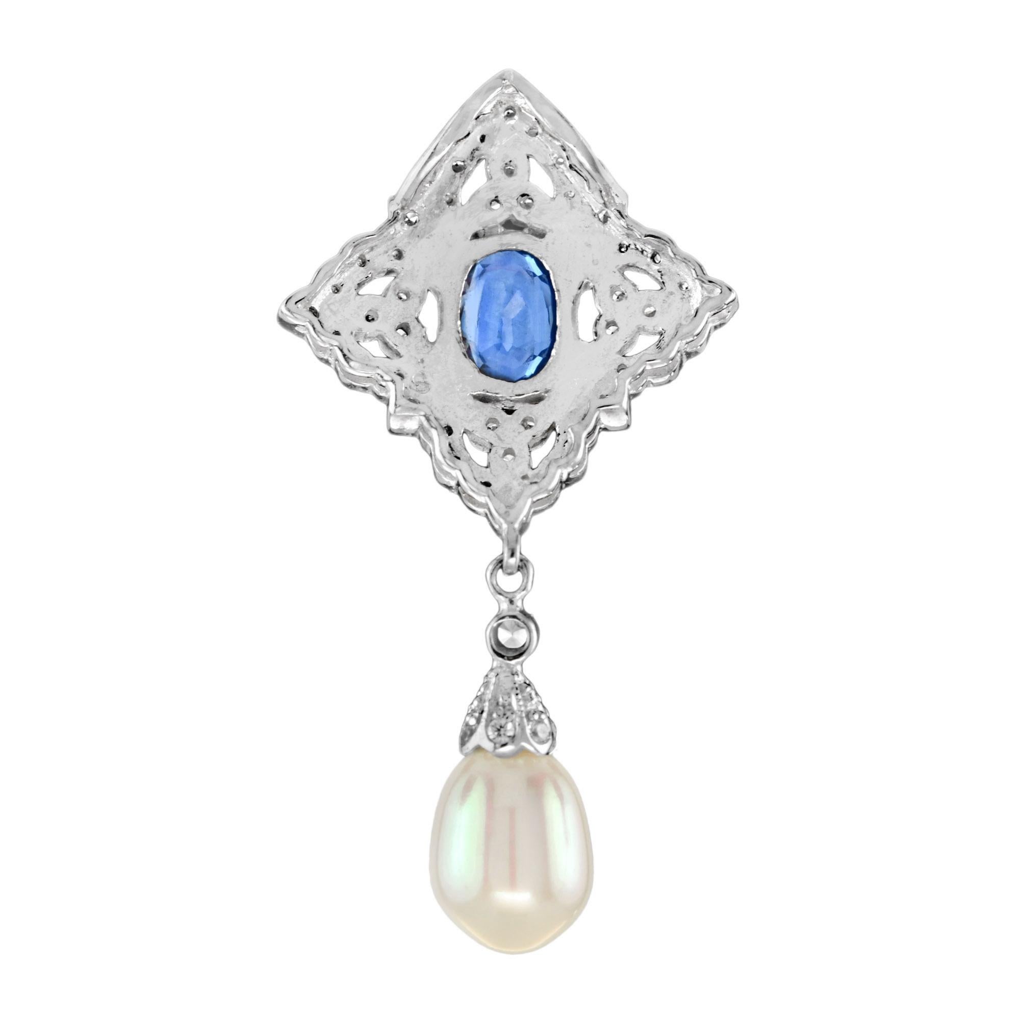 Oval Sapphire with Diamond Accent and Pearl Drop Pendant in 18K White Gold In New Condition For Sale In Bangkok, TH