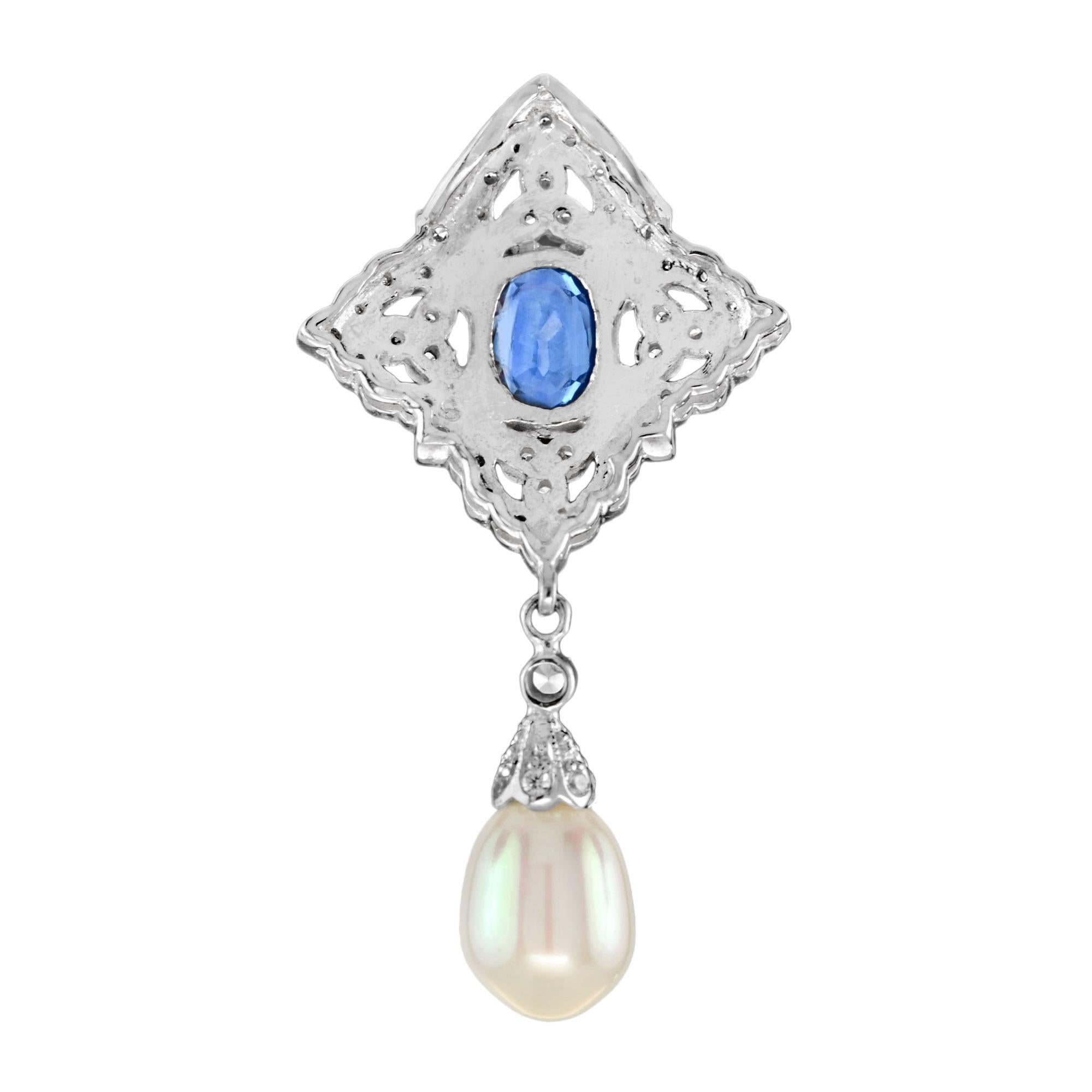 Oval Sapphire with Diamond Accent and Pearl Drop Pendant in 18K White Gold In New Condition In Bangkok, TH