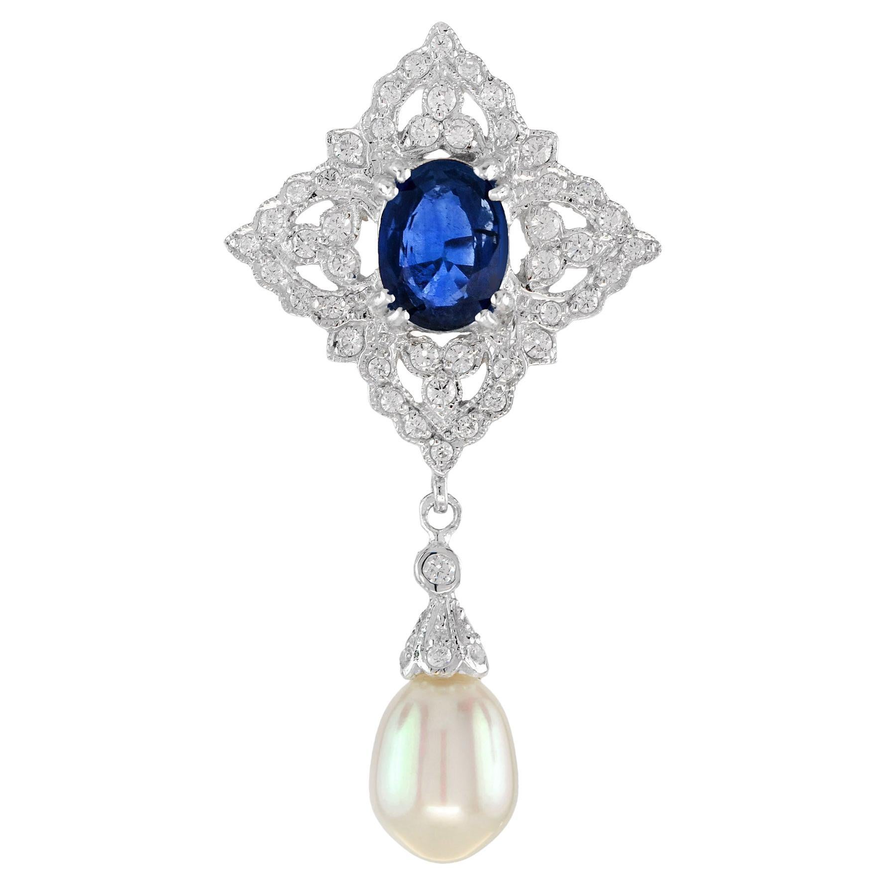 Oval Sapphire with Diamond Accent and Pearl Drop Pendant in 18K White Gold For Sale