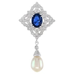 Majesté Oval Sapphire with Diamond and Pearl Drop Pendant in 18K White Gold