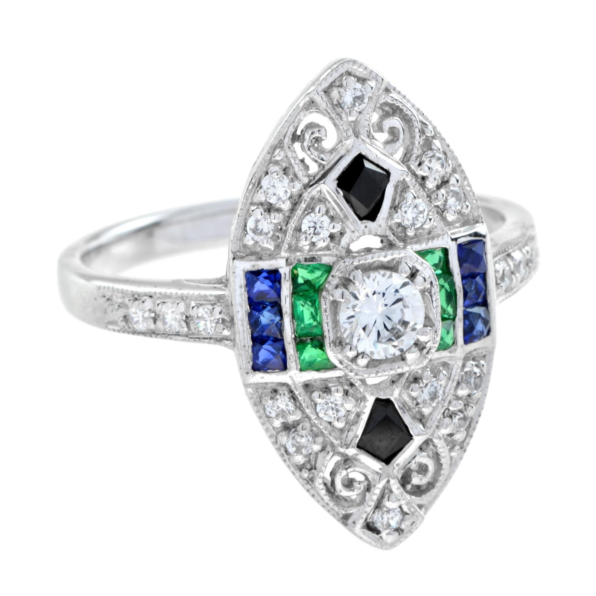 For Sale:  Diamond with Emerald Sapphire Onyx Marquise Shape Ring in 18K Gold 3