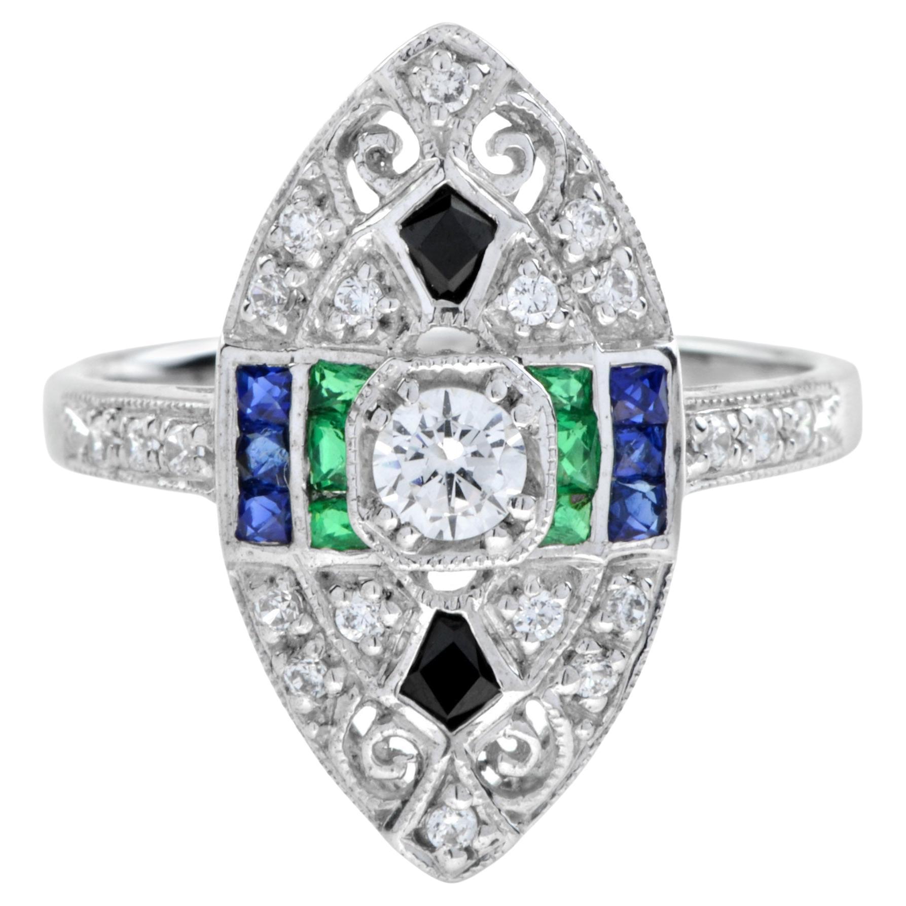 For Sale:  Diamond with Emerald Sapphire Onyx Marquise Shape Ring in 18K Gold