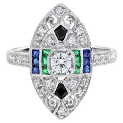 Diamond with Emerald Sapphire Onyx Marquise Shape Ring in 18K Gold