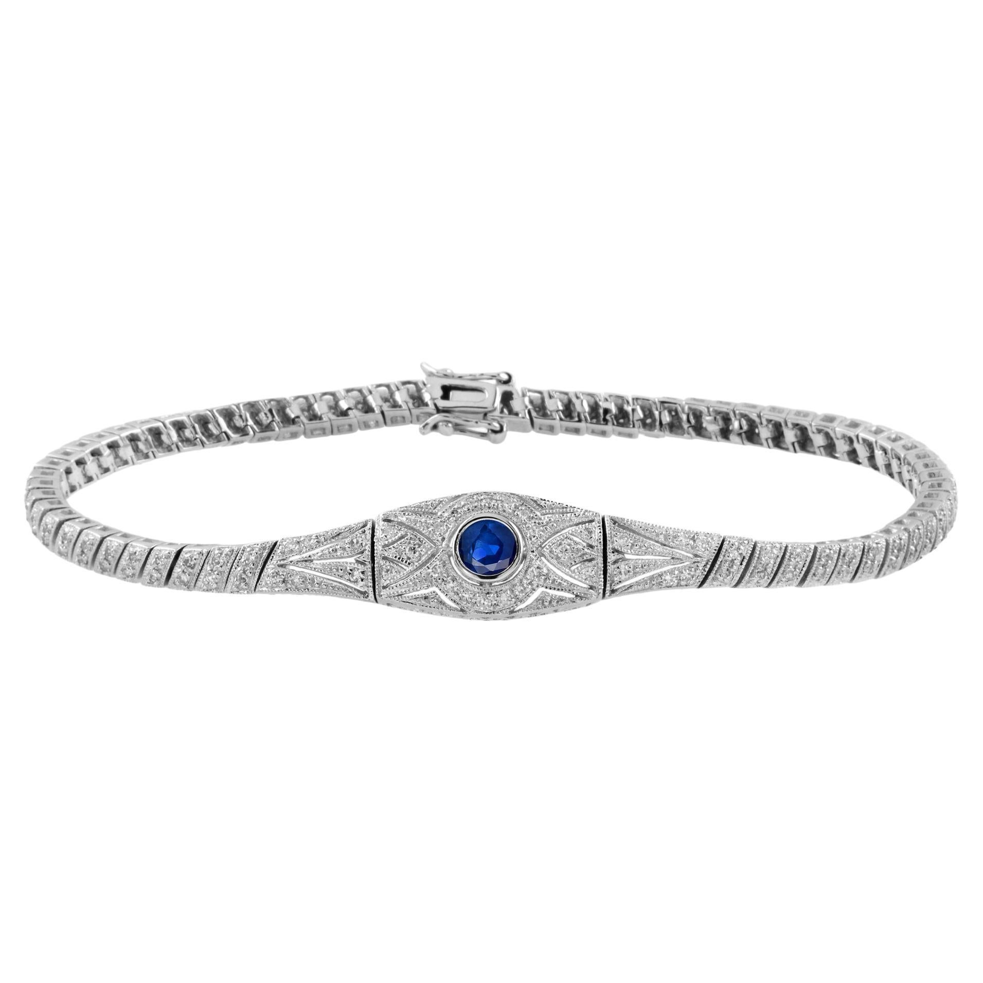Single Sapphire and Diamond Accent Art Deco Style Bracelet in 14K White Gold