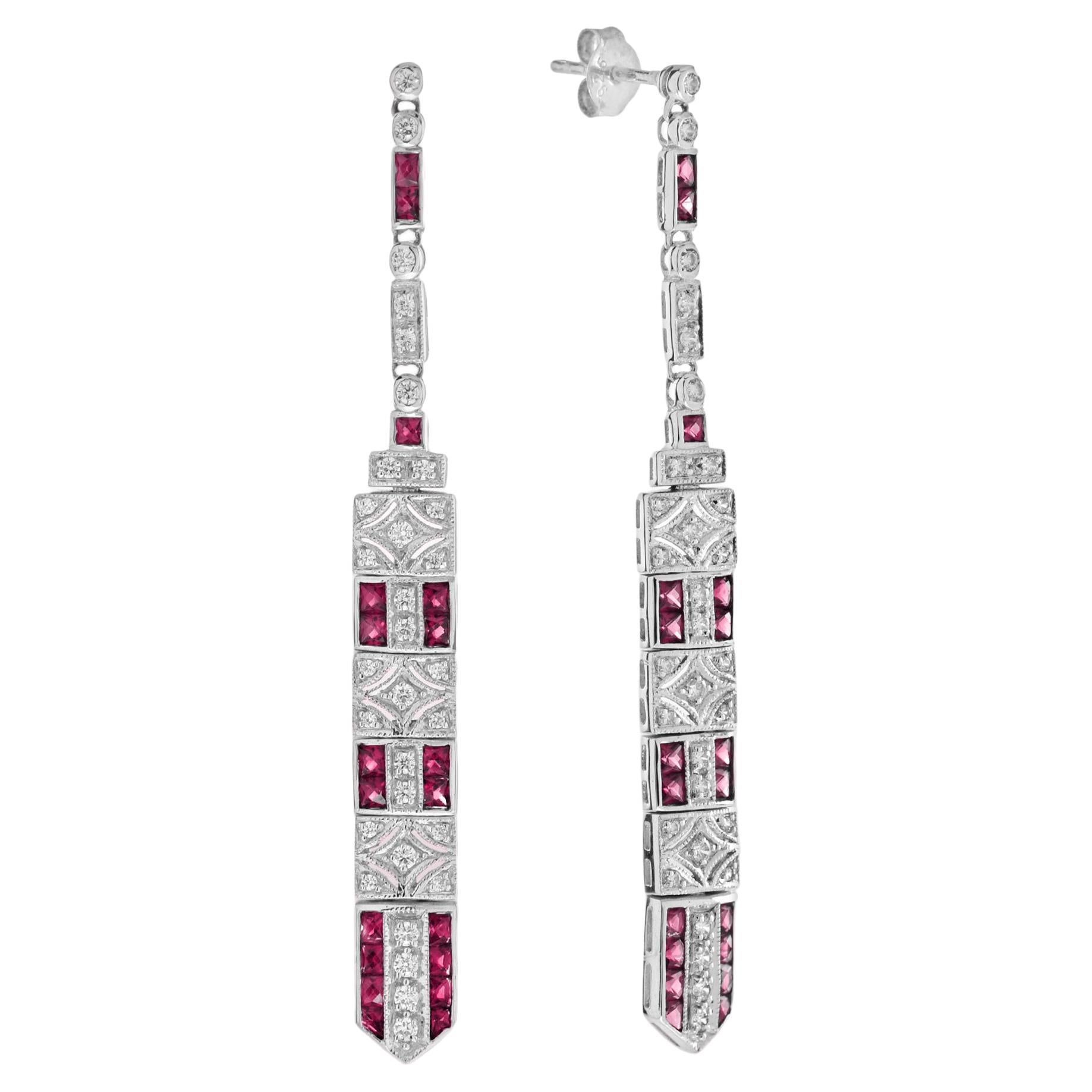 Ruby and Diamond Bar Dangle Earrings in 14K White Gold For Sale