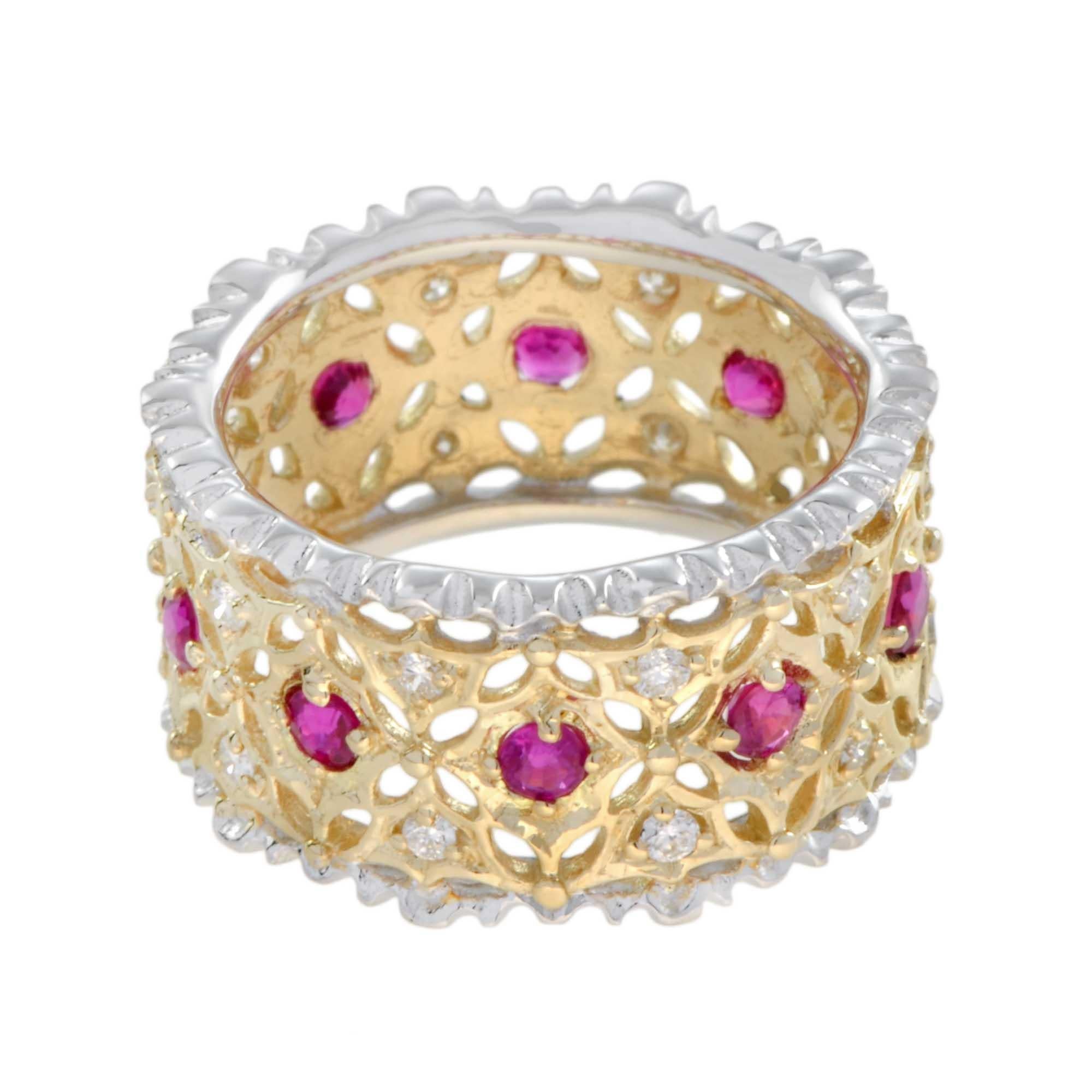 For Sale:  Ruby and Diamond Floral Motif Wide Band in 18K Bi Color Gold 3