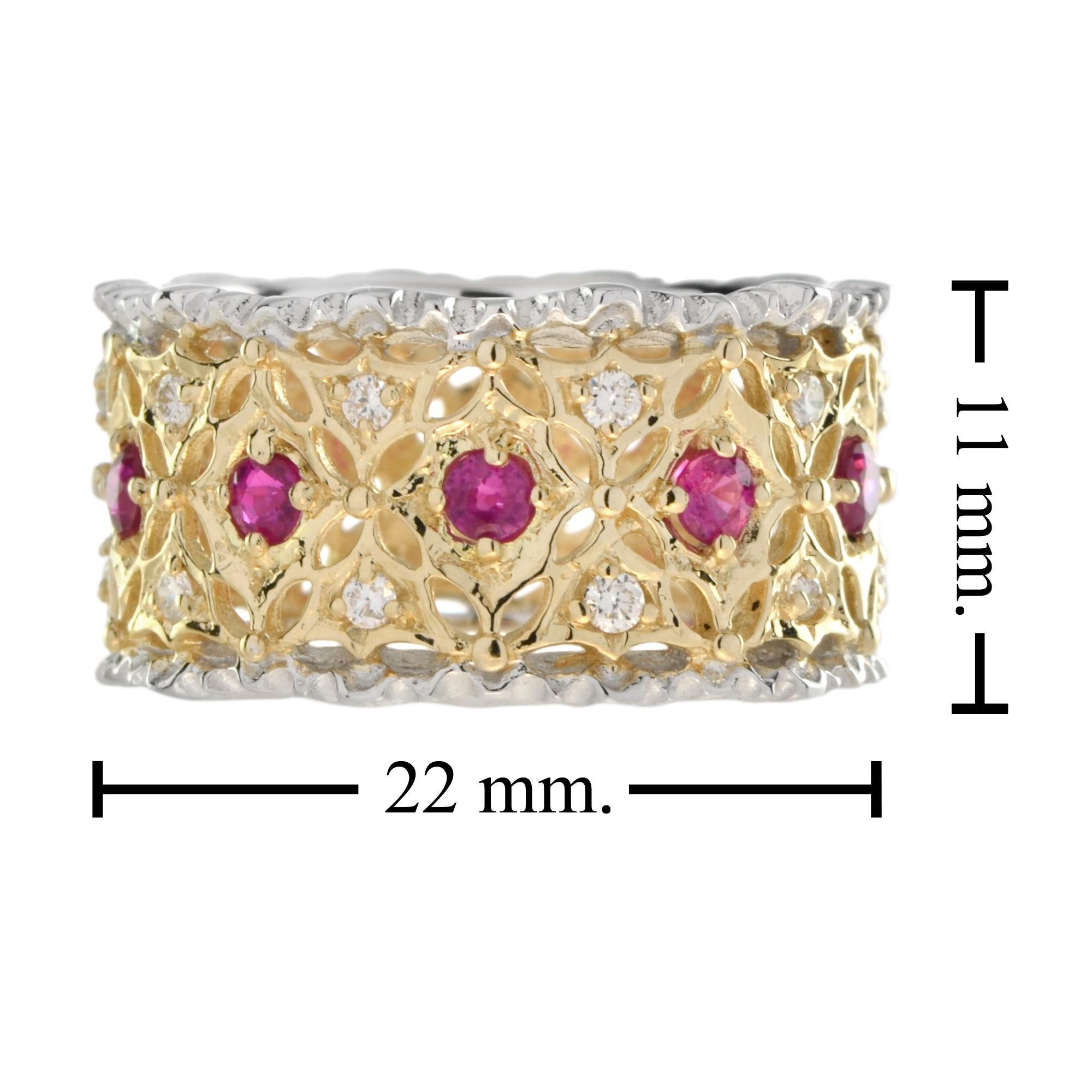 For Sale:  Ruby and Diamond Floral Motif Wide Band in 18K Bi Color Gold 5