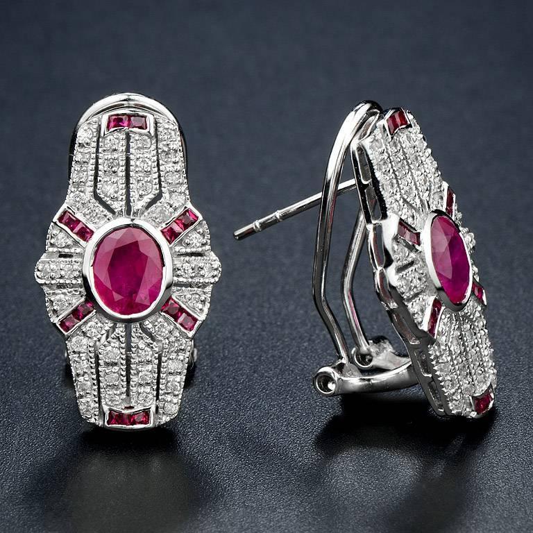 Art Deco Style Ruby and Diamond Earrings in 18K White Gold In New Condition For Sale In Bangkok, TH