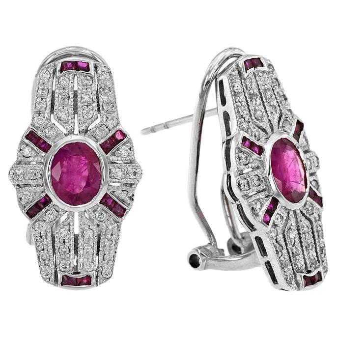Art Deco Style Ruby and Diamond Earrings in 18K White Gold For Sale