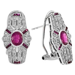 Art Deco Style Ruby and Diamond Earrings in 18K White Gold