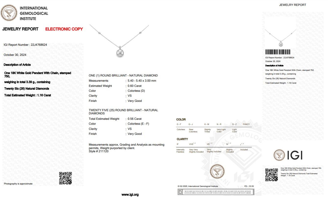 Women's Luminous 1.16ct Diamonds Necklace with Pendant in 18k White Gold - IGI Certified