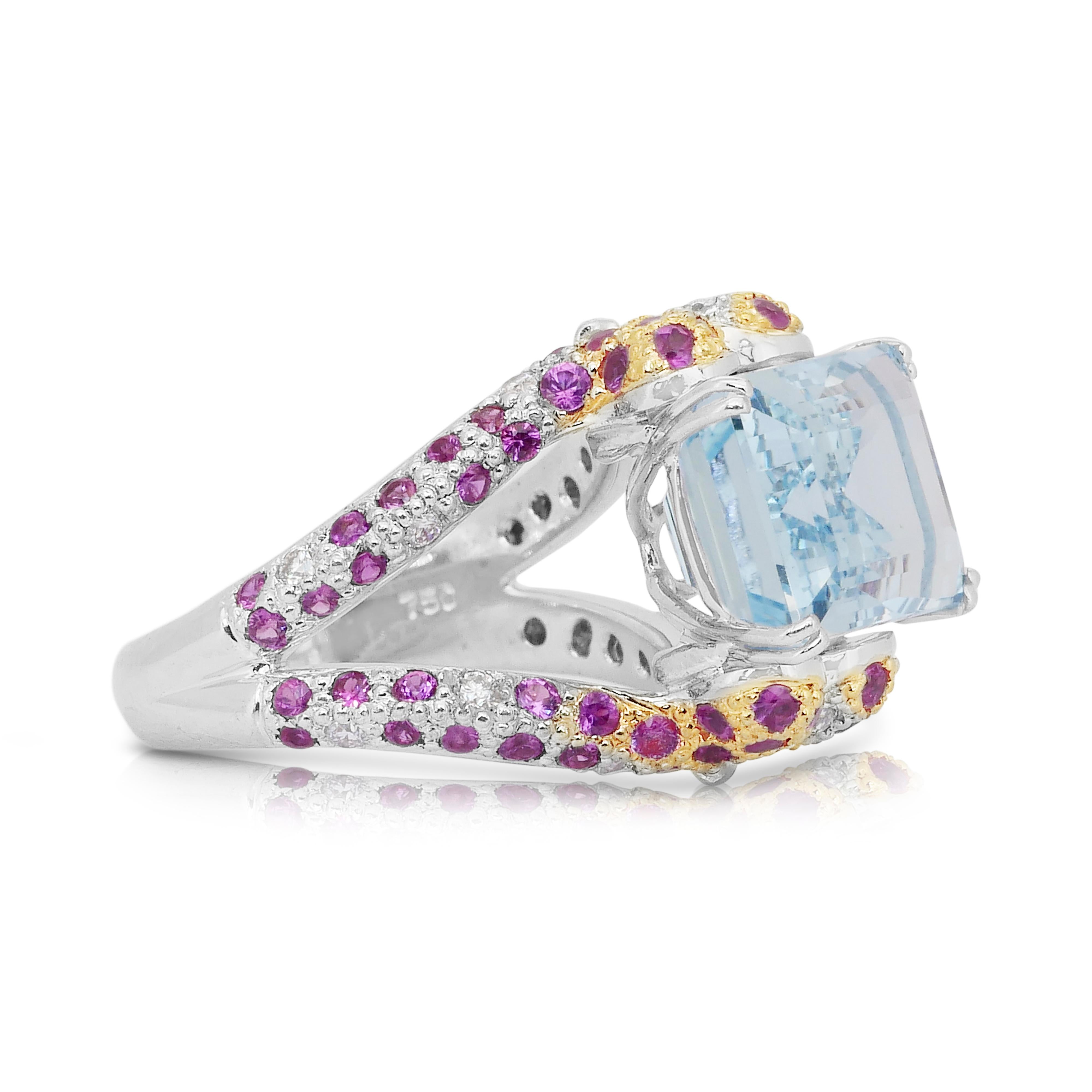 Taglio smeraldo Majestic Anello da cocktail con acquamarina, rubini e diamanti da 11,24 carati in vendita