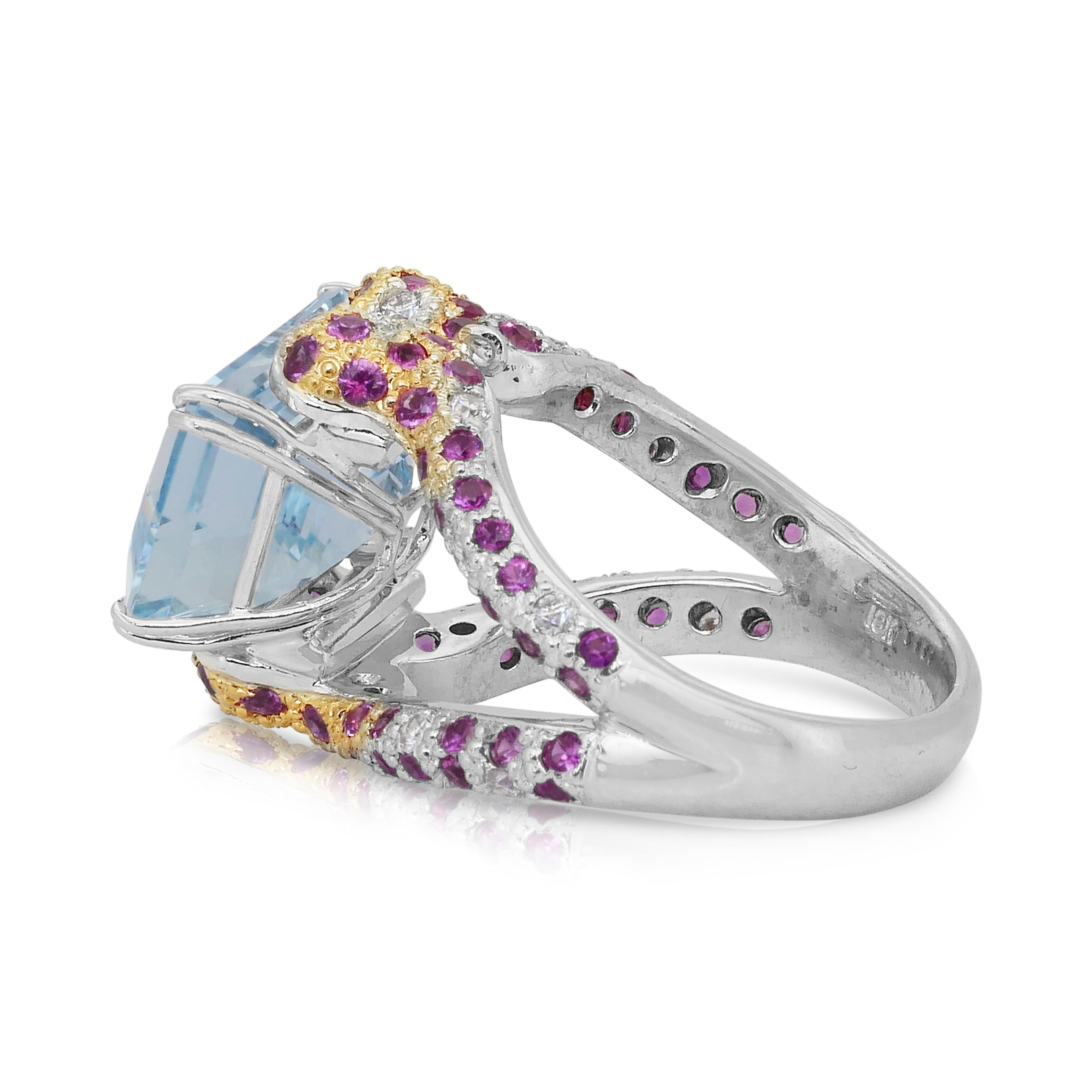 Majestic Anello da cocktail con acquamarina, rubini e diamanti da 11,24 carati In condizioni Nuovo in vendita a רמת גן, IL