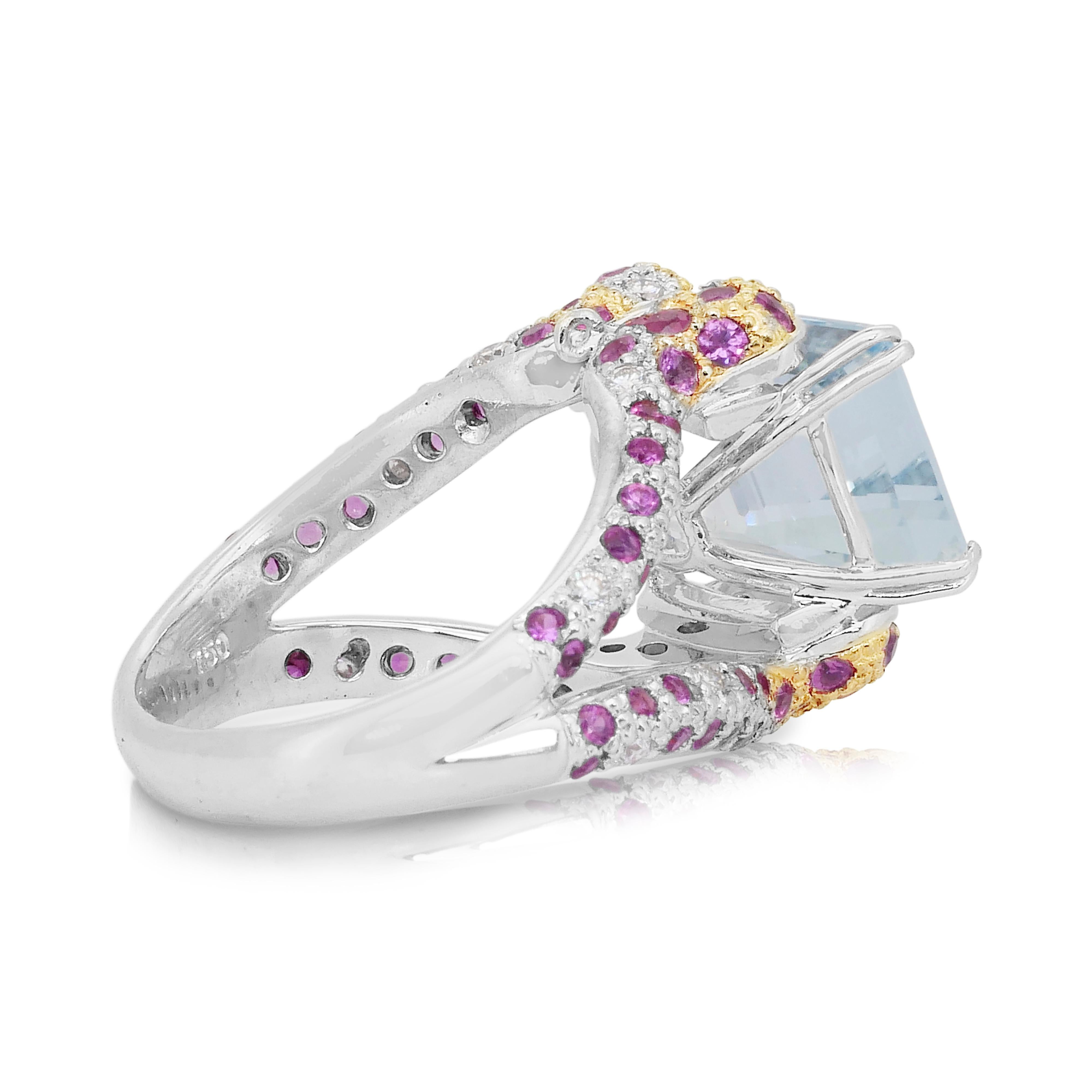 Majestic Anello da cocktail con acquamarina, rubini e diamanti da 11,24 carati in vendita 1