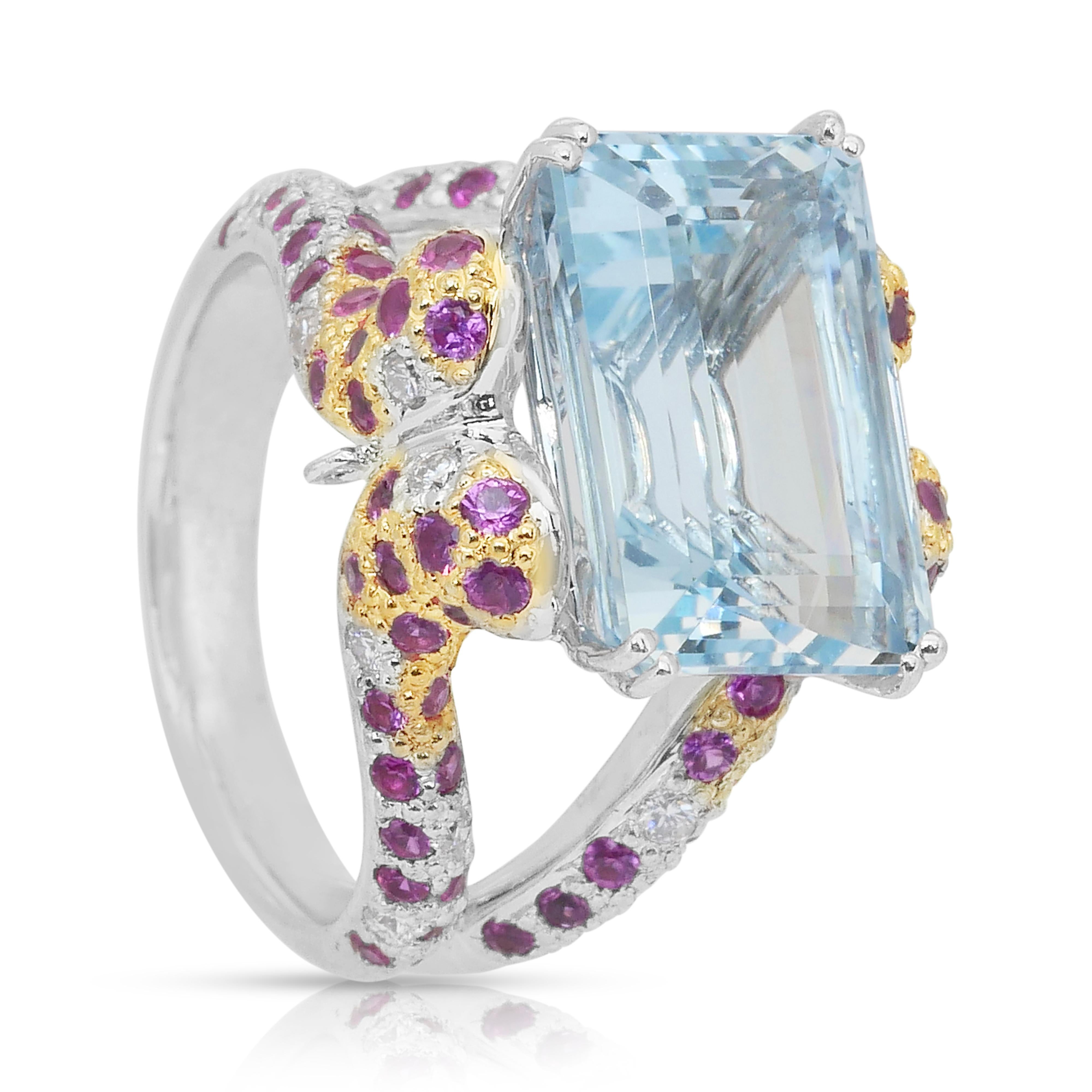 Majestic Anello da cocktail con acquamarina, rubini e diamanti da 11,24 carati in vendita 2
