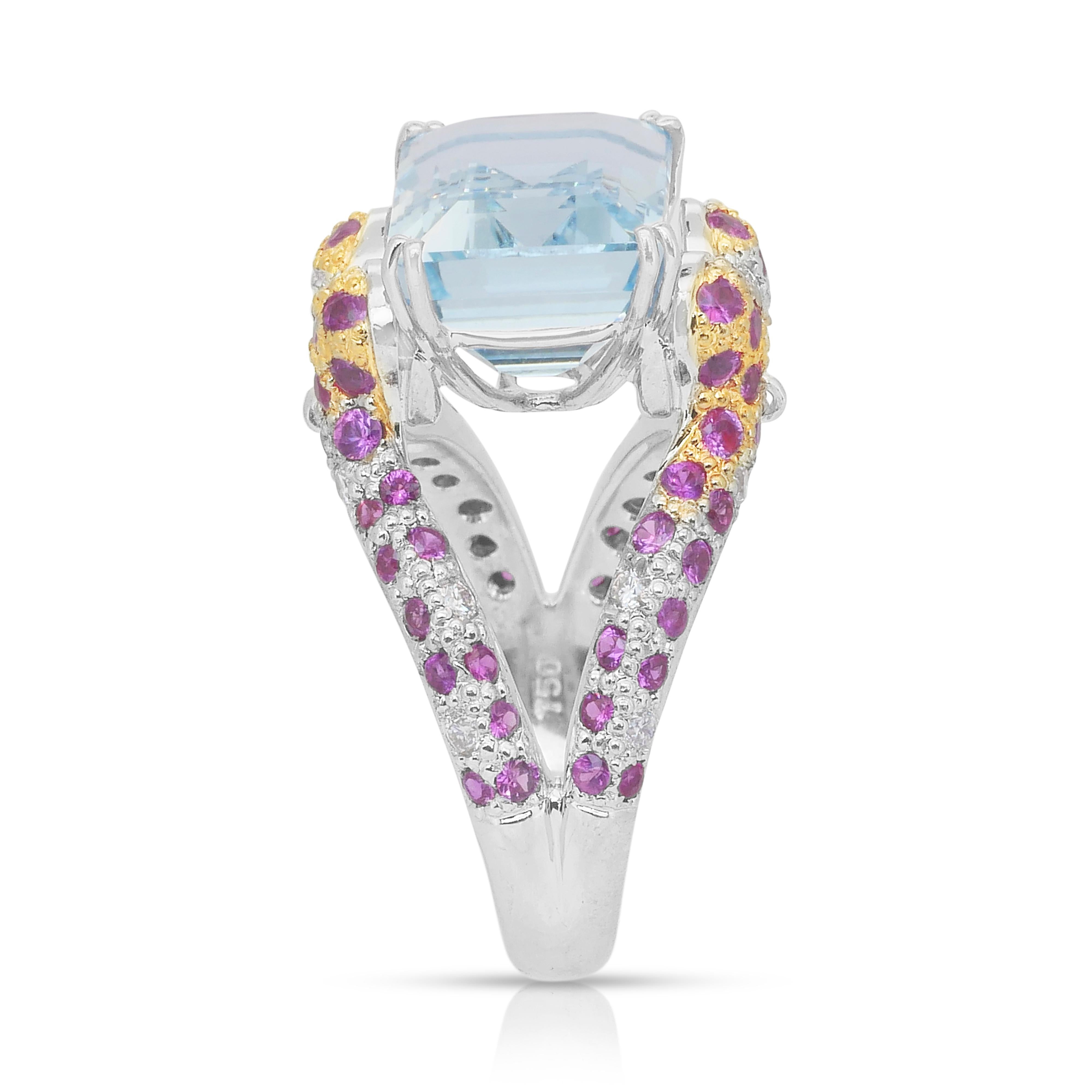 Majestic Anello da cocktail con acquamarina, rubini e diamanti da 11,24 carati in vendita 3