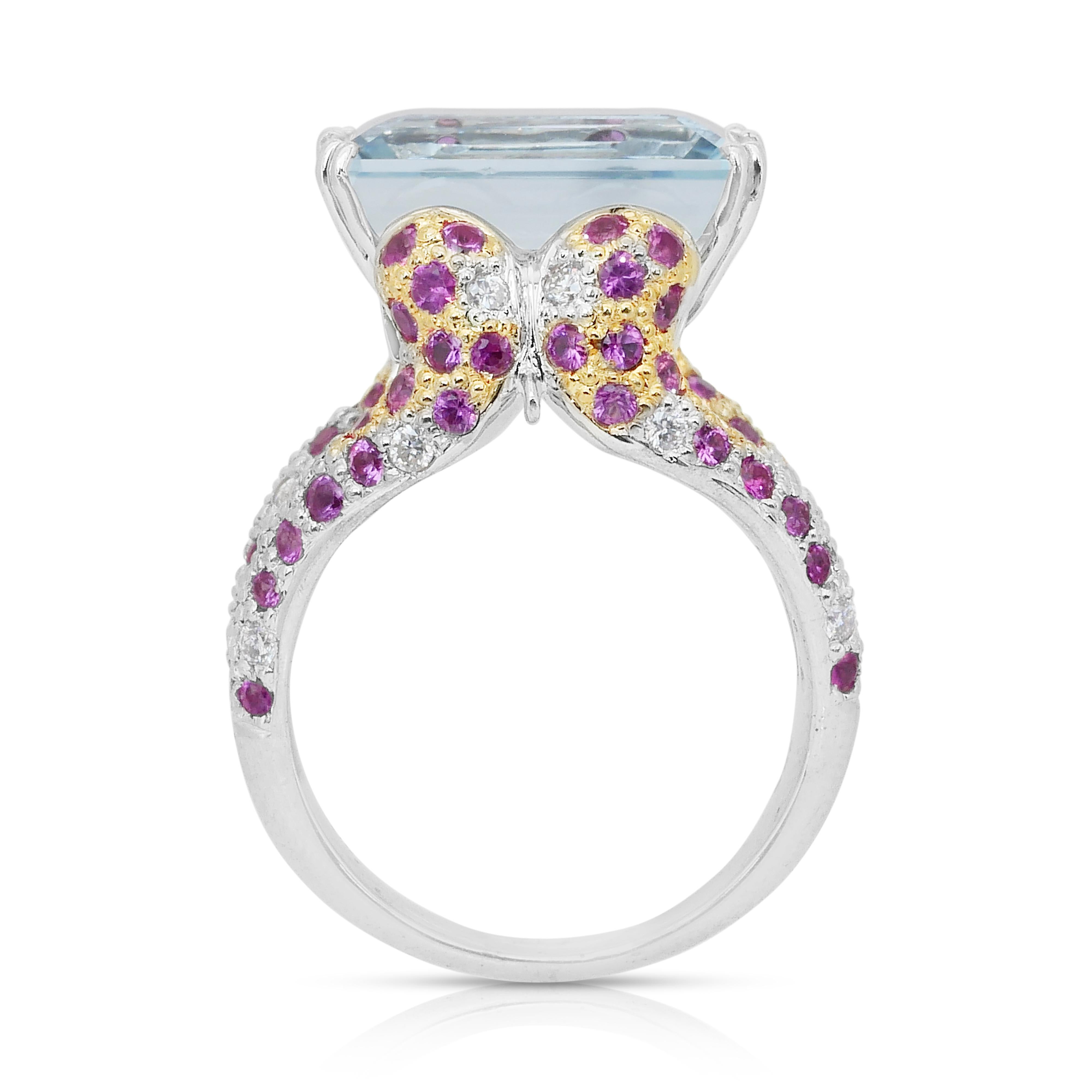 Majestic Anello da cocktail con acquamarina, rubini e diamanti da 11,24 carati in vendita 4