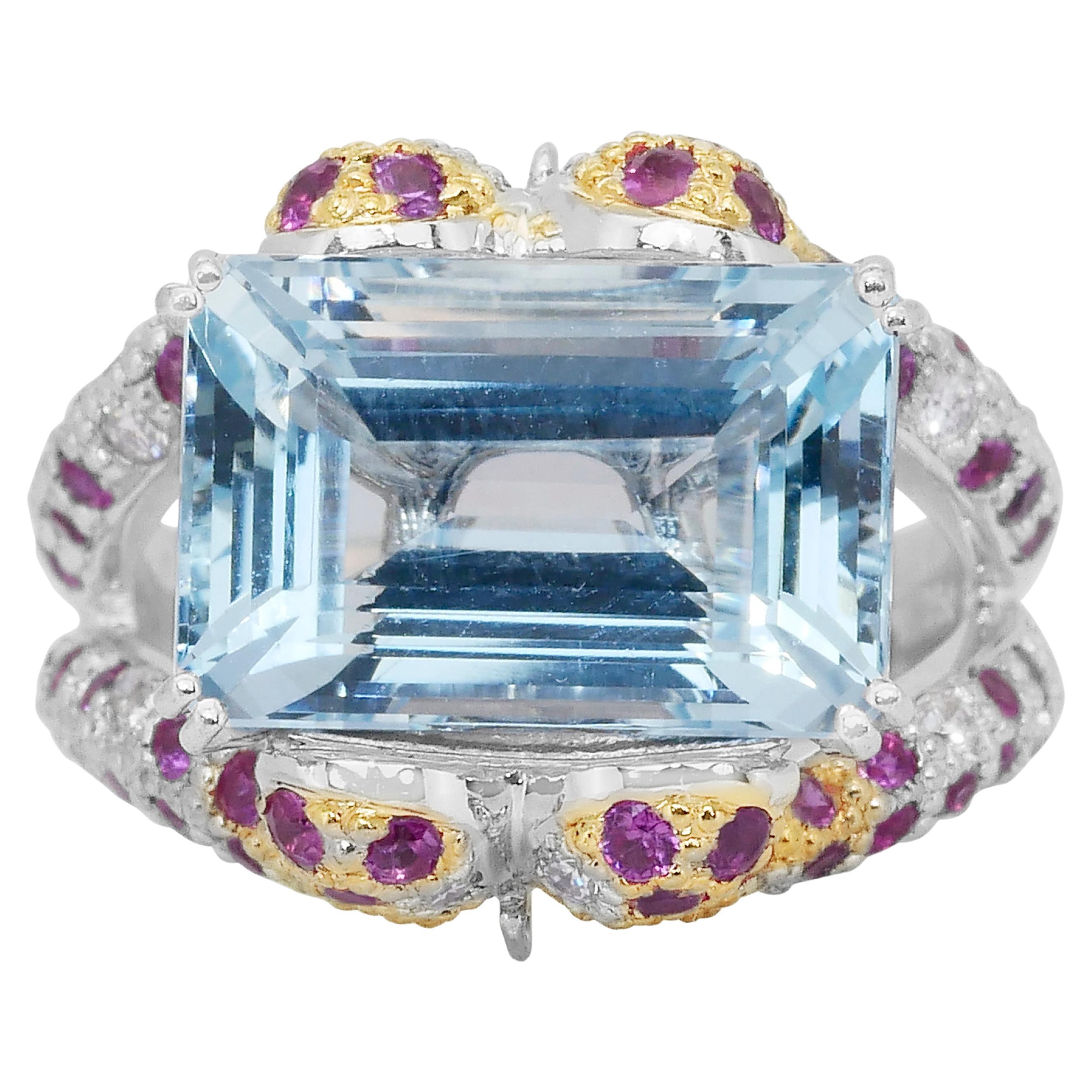 Majestic Anello da cocktail con acquamarina, rubini e diamanti da 11,24 carati in vendita