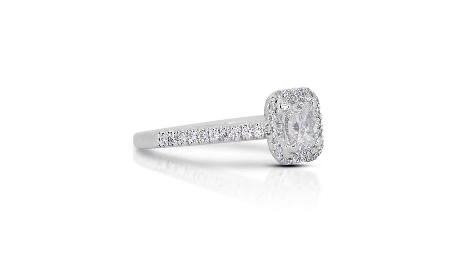 Majestic 1.71ct Diamond Halo Ring in 18k White Gold - GIA Certified

This stunning diamond halo ring showcases a 1.11-carat cushion-cut diamond. Sparkling alongside it are 40 dazzling round brilliant cut diamonds with a total carat weight of 0.60,